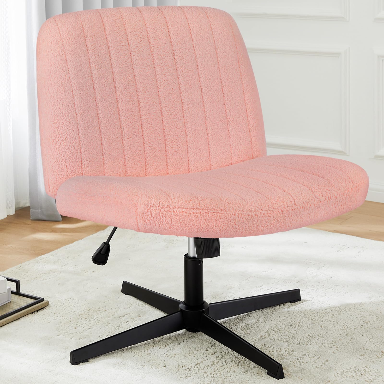 DUMOS Criss Cross Chair with Wheels, Wide Cross Legged Office Desk Vanity Chairs, Faux Leather Armless Adjustable Swivel Chairs for Home Computer Task, Beige