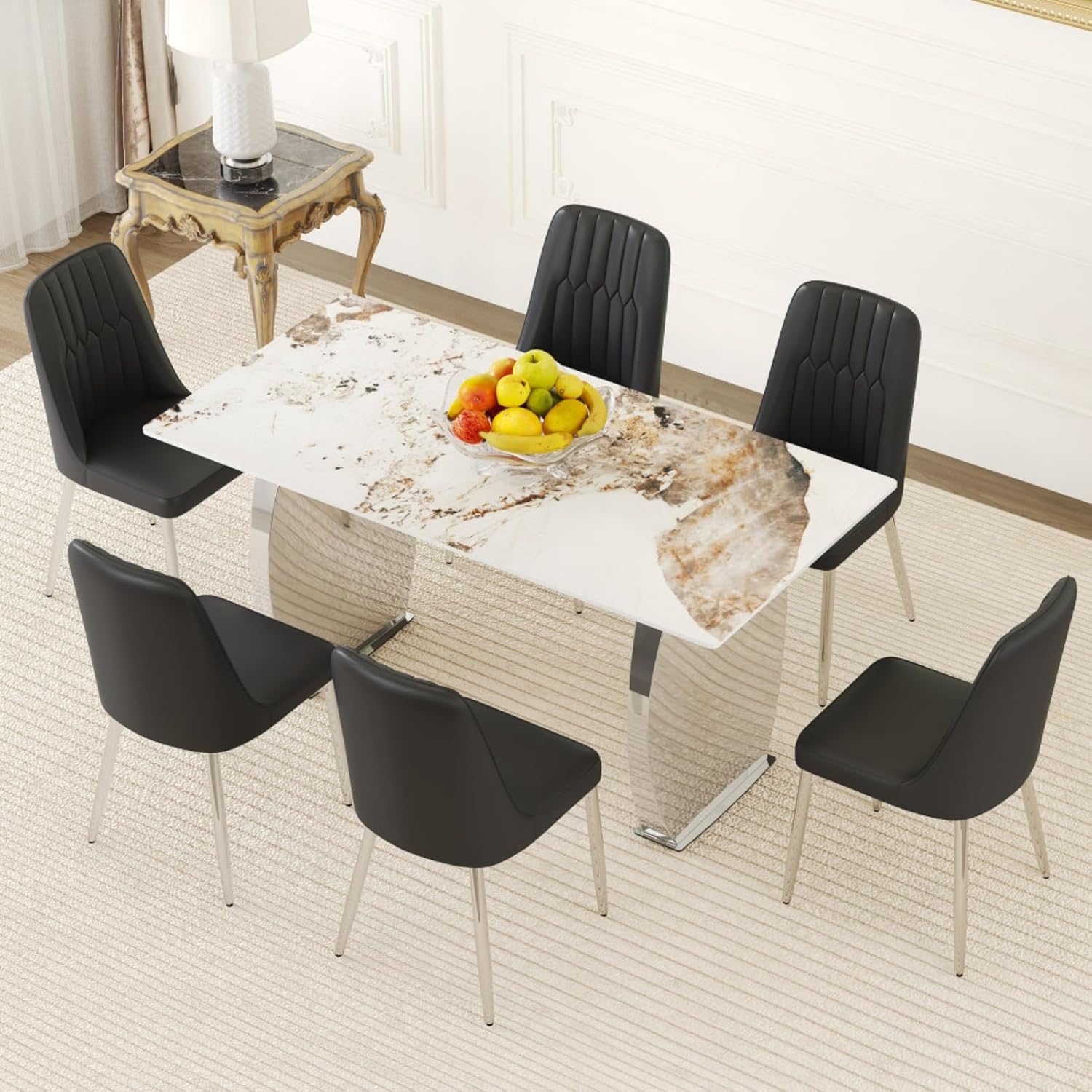 Table and chair set, 63*31.4 Inch Pandora Patterned Sintered Stone Dining Table Set Modern Light Luxury.Perfect For Dinner Room,Meeting Room,Kitchen (Black+Silver + Metal + Sintered Stone + Seats 6)