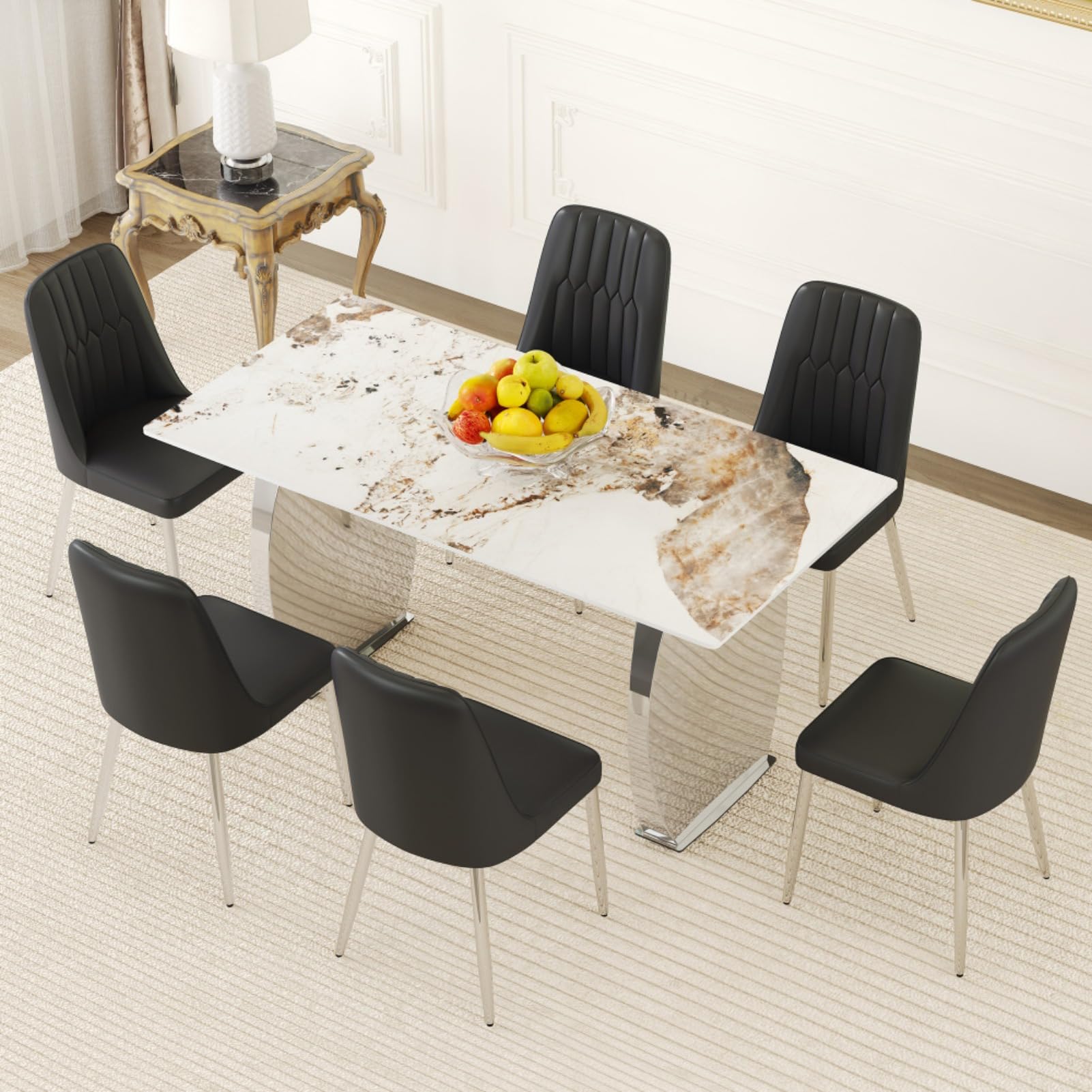 Table and chair set, 63*31.4 Inch Pandora Patterned Sintered Stone Dining Table Set Modern Light Luxury.Perfect For Dinner Room,Meeting Room,Kitchen (Black+Silver + Metal + Sintered Stone + Seats 6)
