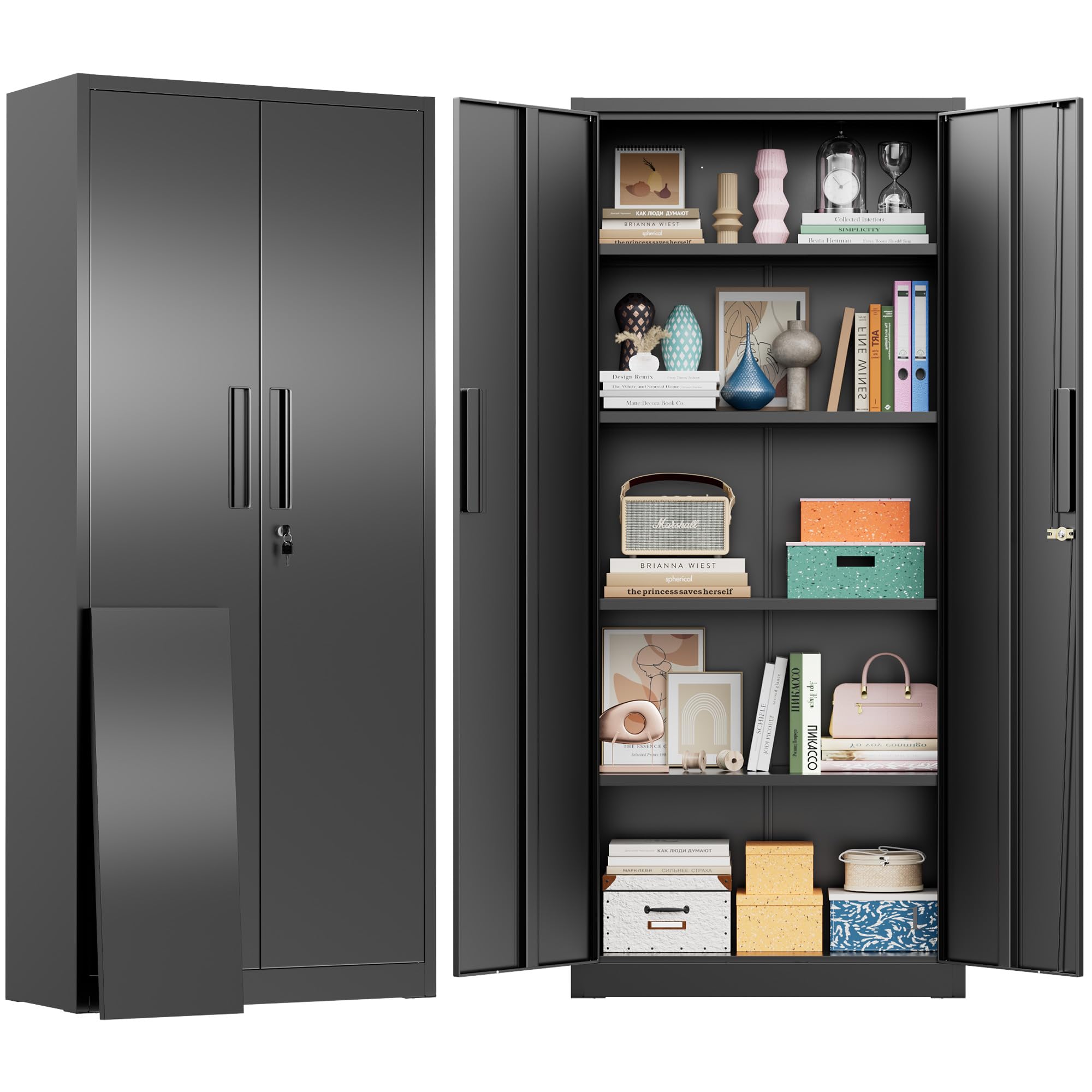 Greenvelly 72" H Metal Storage Cabinet, 36" W x 18" D Black Locking Metal Cabinet Garage Storage Cabinet with Doors and 4 Adjustable Shelves, Lockable Steel Cabinets for Home Office, Garage, School