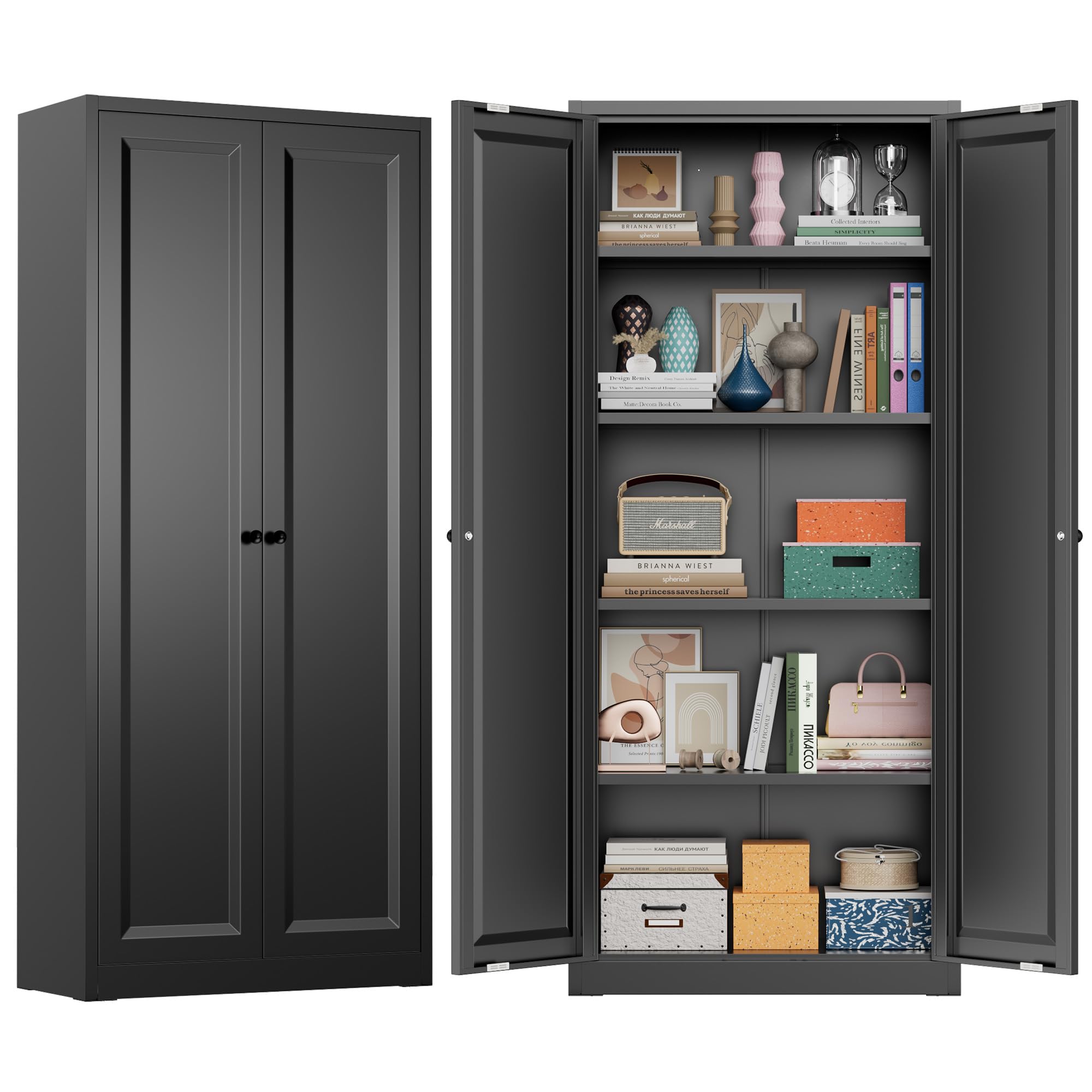 Greenvelly 72" H Metal Storage Cabinet, 36" W x 18" D Black Locking Metal Cabinet Garage Storage Cabinet with Doors and 4 Adjustable Shelves, Lockable Steel Cabinets for Home Office, Garage, School