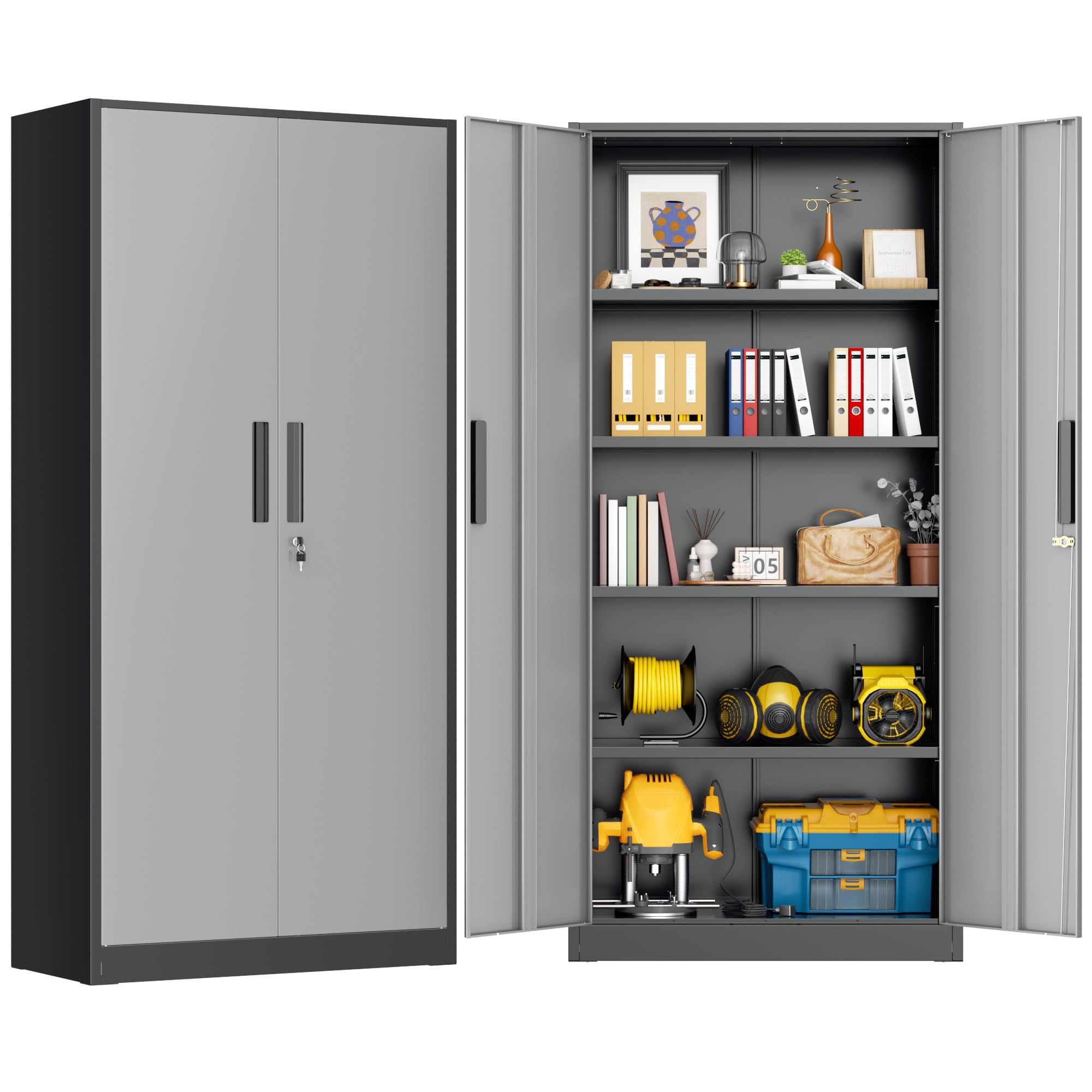 Greenvelly Metal Storage Cabinet, 72" Black Steel Garage Cabinet with Doors and Adjustable Shelves, Metal Cabinet with Lock,Garage Cabinets and Storage System for Garage,Home Office,School