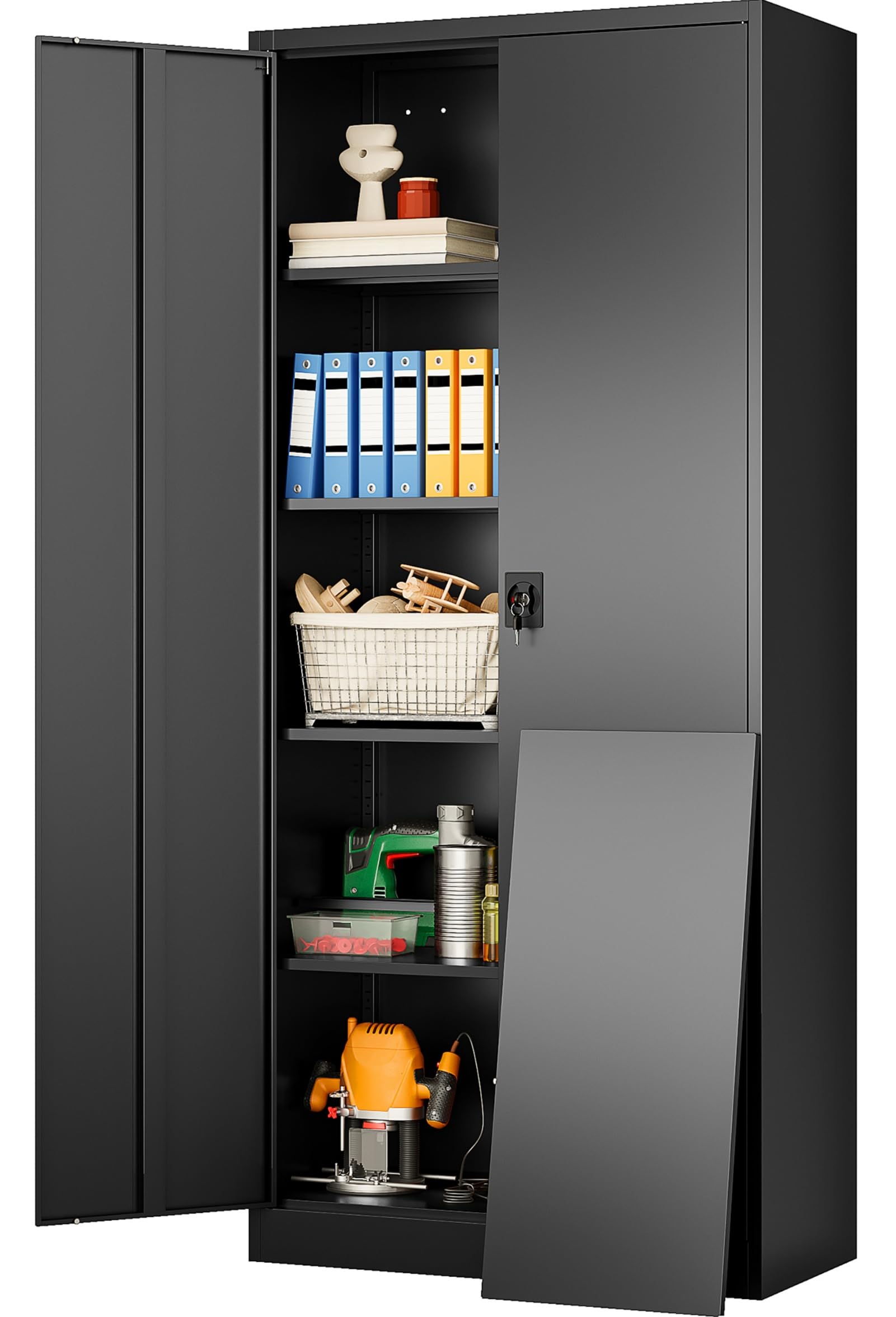 SISESOL Metal Storage Cabinet with Wheels,75 inch Tall Rolling Garage Storage Cabinet with Lock,Black Metal Cabinets with Wheels and Shelves,Deep Heavy Duty Tool Locker for Garage,Home,Office,Shop