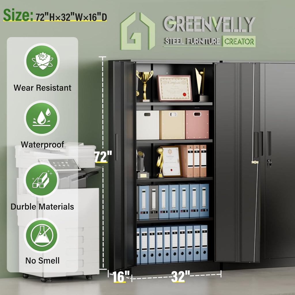 Greenvelly Metal Storage Cabinet, 72" Black Steel Garage Cabinet with Doors and Adjustable Shelves, Metal Cabinet with Lock,Garage Cabinets and Storage System for Garage,Home Office,School
