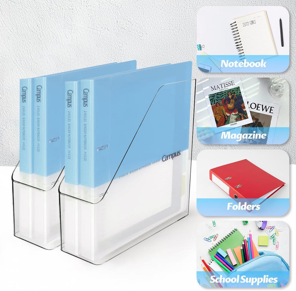 4Pcs Clear Acrylic Magazine File Holder, Plastic Vertical File Folder Storage Magazine Rack Bin, Acrylic Magazine Holder, Desk Document Sorter Organizer for Home Office School Work Desktop Supplies