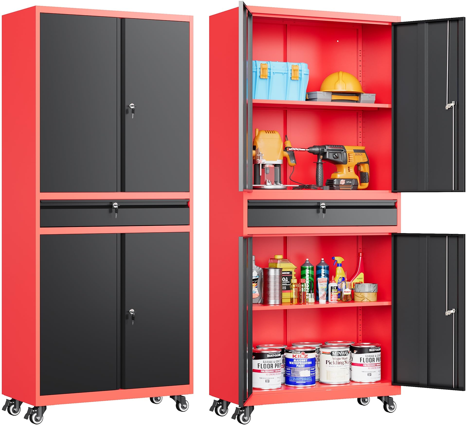 SISESOL Metal Storage Cabinet with Wheels,75 inch Tall Rolling Garage Storage Cabinet with Lock,Black Metal Cabinets with Wheels and Shelves,Deep Heavy Duty Tool Locker for Garage,Home,Office,Shop