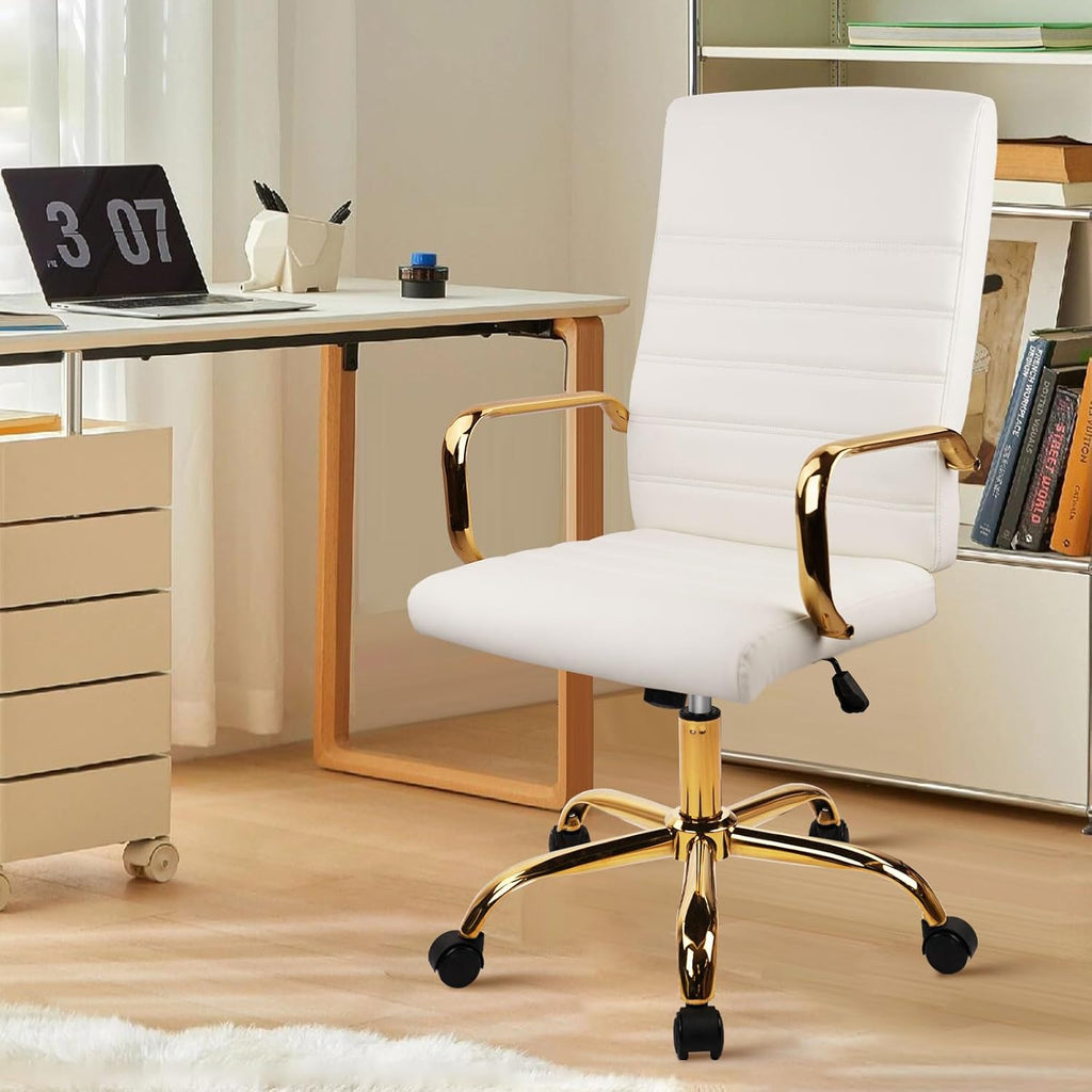 CLATINA Leather Home Office Chair with Gold Legs and Arms, Adjustable Height Swivel Mid-Back Executive Desk Chairs with Rolling Wheels, Comfy Upholstered Computer Task Chair, White