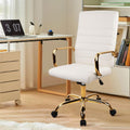 CLATINA Leather Home Office Chair with Gold Legs and Arms, Adjustable Height Swivel Mid-Back Executive Desk Chairs with Rolling Wheels, Comfy Upholstered Computer Task Chair, White