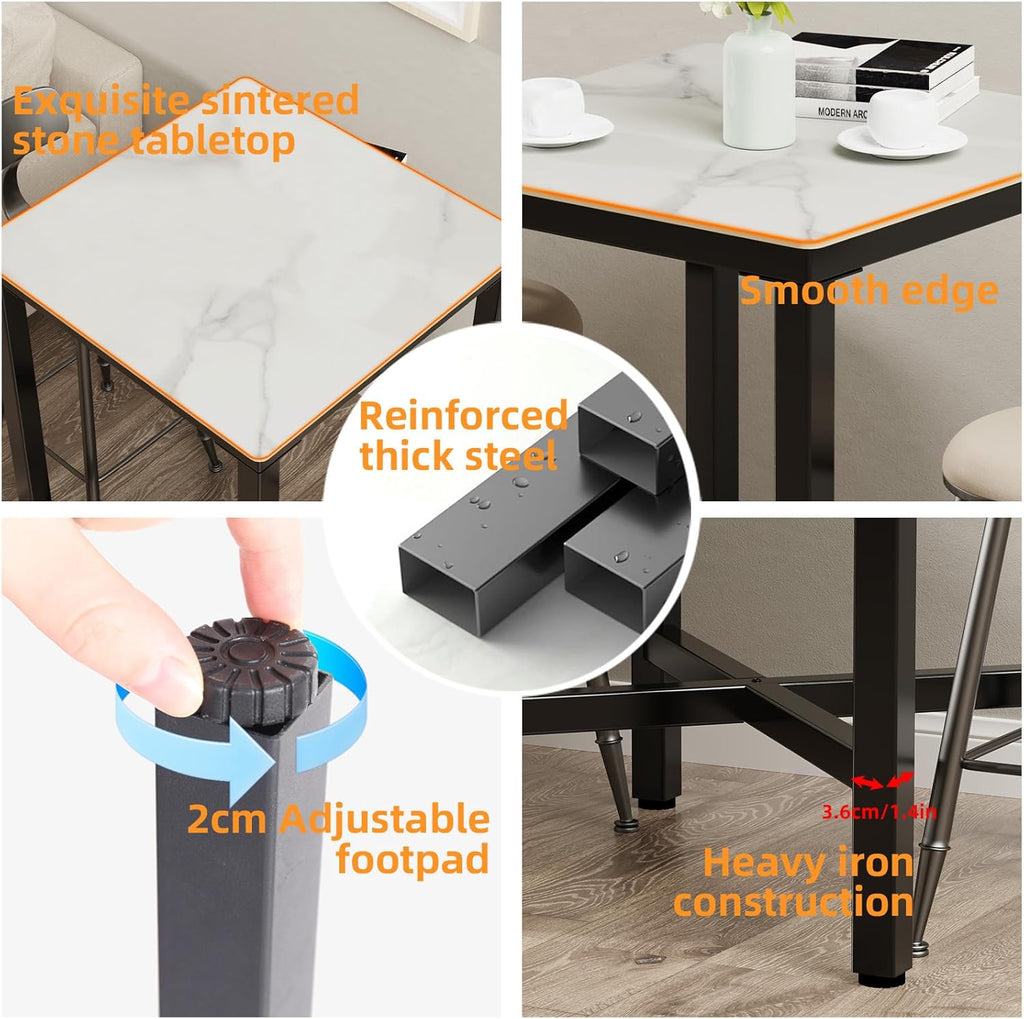 Wisfor Sintered Stone Bar Table: White Square High Top Pub Tables with Black Metal Frame - Small Breakfast Dining Table - Tall Coffee Table with Cross -Legs, 27.56x27.56x41.34 inch