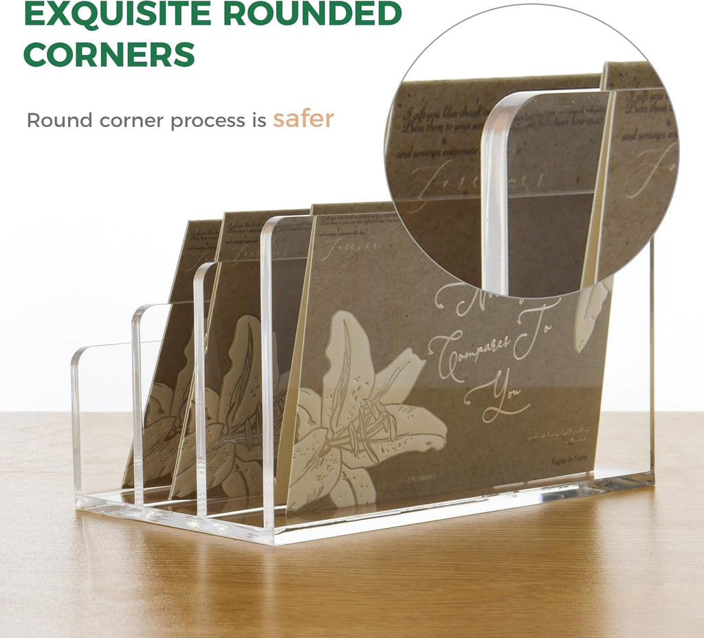 3 Compartments Clear Acrylic Mail Holder – Vertical Letter Sorter & Multifunction Desk Organizer for Bills, Documents, Notebooks – Modern Office/Home Envelope File Rack