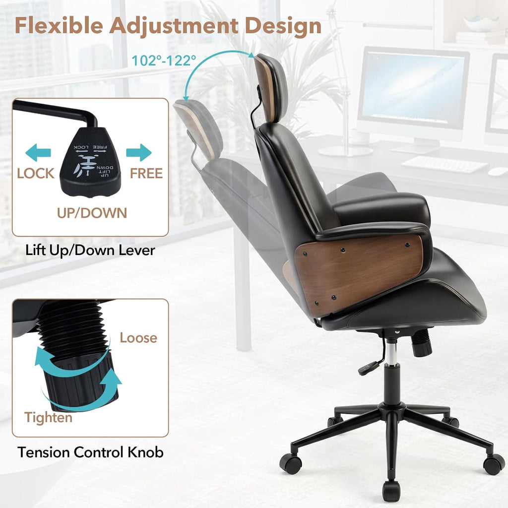 Giantex Ergonomic Office Chair, High Back Faux Leather Executive Chair with Headrest, Adjustable Height, Metal Base, Mid Century Modern Swivel U-Shaped Computer Desk Chair for Home Office & Study
