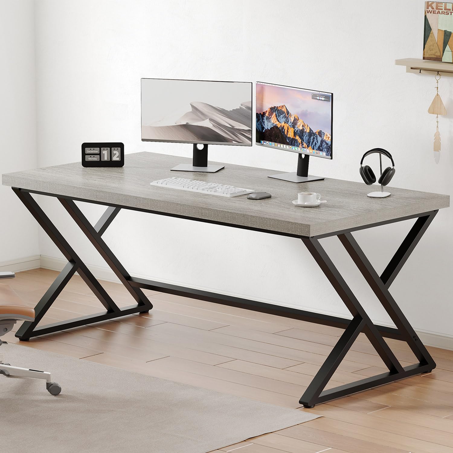 LVB Grey Desk, Industrial Wood Home Office Computer Desk for Bedroom, Farmhouse Metal Wooden Study Work PC Gaming Writing Table, Modern Simple Executive Writing Desk, 47 Inch, Light Gray