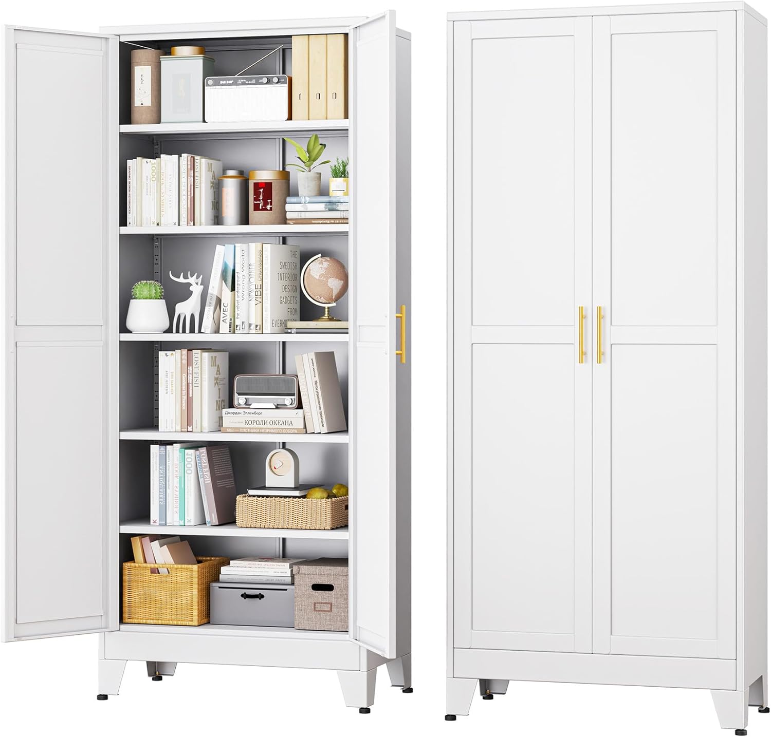 White Metal Storage Cabinet,75" Steel Cabinets for Home Office, Kitchen Pantry Storage Cabinet with Doors and 5 Adjustable Shelves, Tool Cabinets, for Office, Home, Garage, School, 36" W