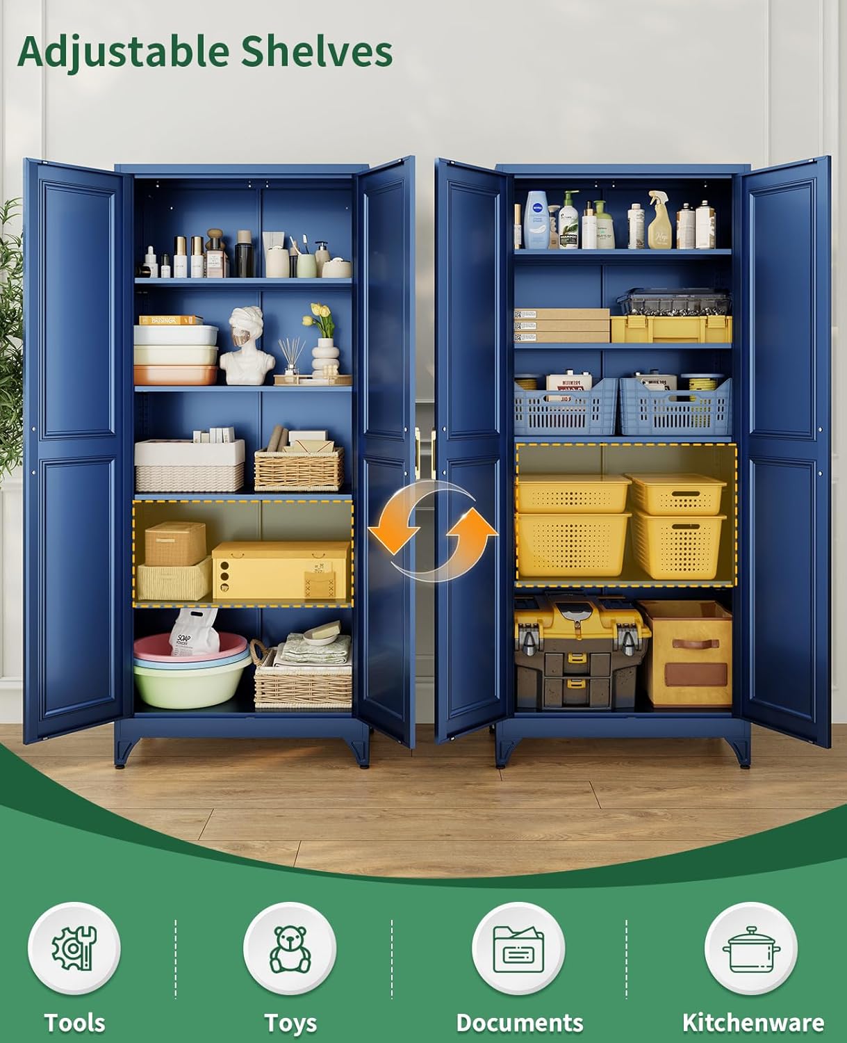 75" Tall Metal Storage Cabinet with 2 Doors and 4 Adjustable Shelves, Heavy Duty Steel Pantry Cabinet for Garage, Home Office, Kitchen and Laundry Room, Freestanding Utility Cupboard,Blue