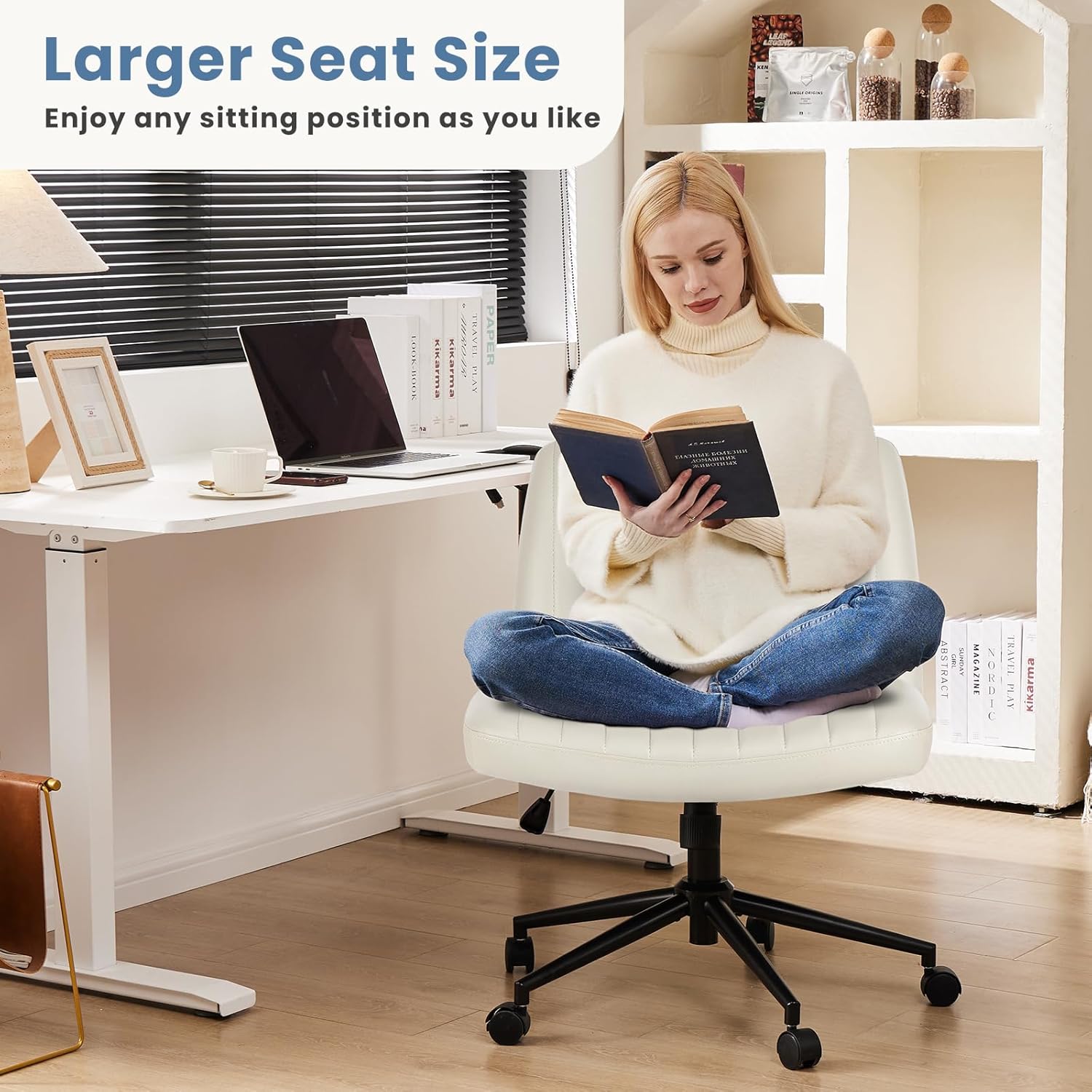 DUMOS Criss Cross Chair with Wheels, Wide Cross Legged Office Desk Vanity Chairs, Faux Leather Armless Adjustable Swivel Chairs for Home Computer Task, Beige