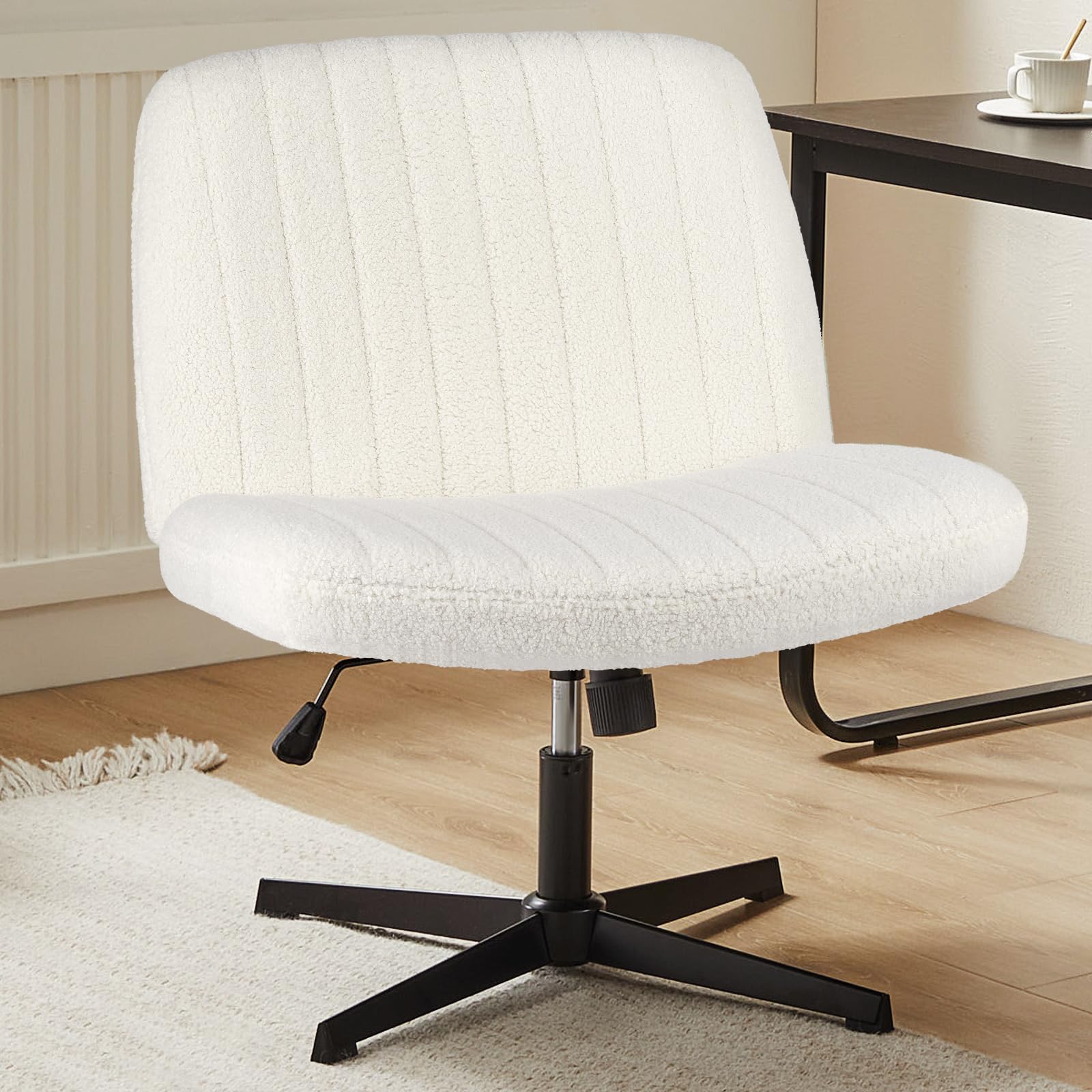 Sweetcrispy Criss Cross Chair Legged, Armless Office Swivel Desk Chair No Wheels, Vanity Height Adjustable Wide Seat Faux Leather Computer Task Seating for Home Bedroom