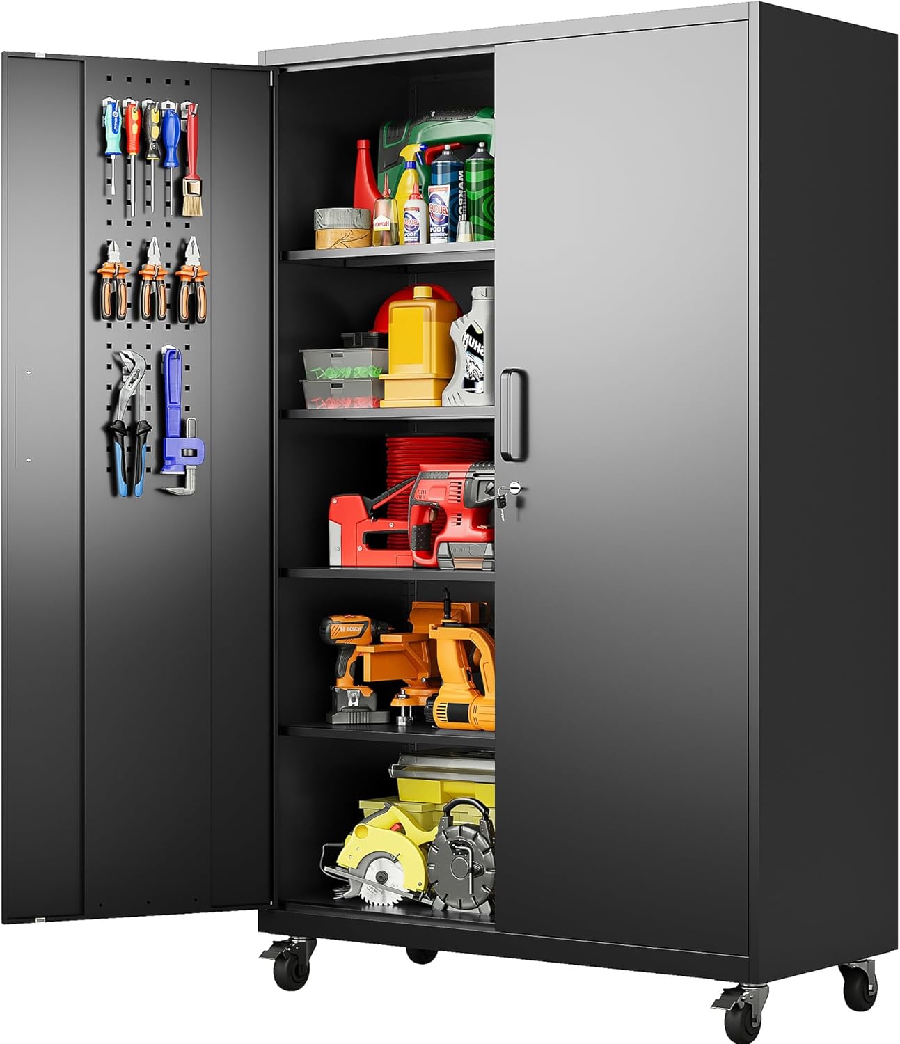 SISESOL Metal Storage Cabinet with 2 Doors and 6 Shelves,Black Metal Cabinet with Lock,71" Lockable Garage Storage Cabinets,Locking File Cabinet,Steel Tool Cabinets for Home,Office,Garage,Shop,School