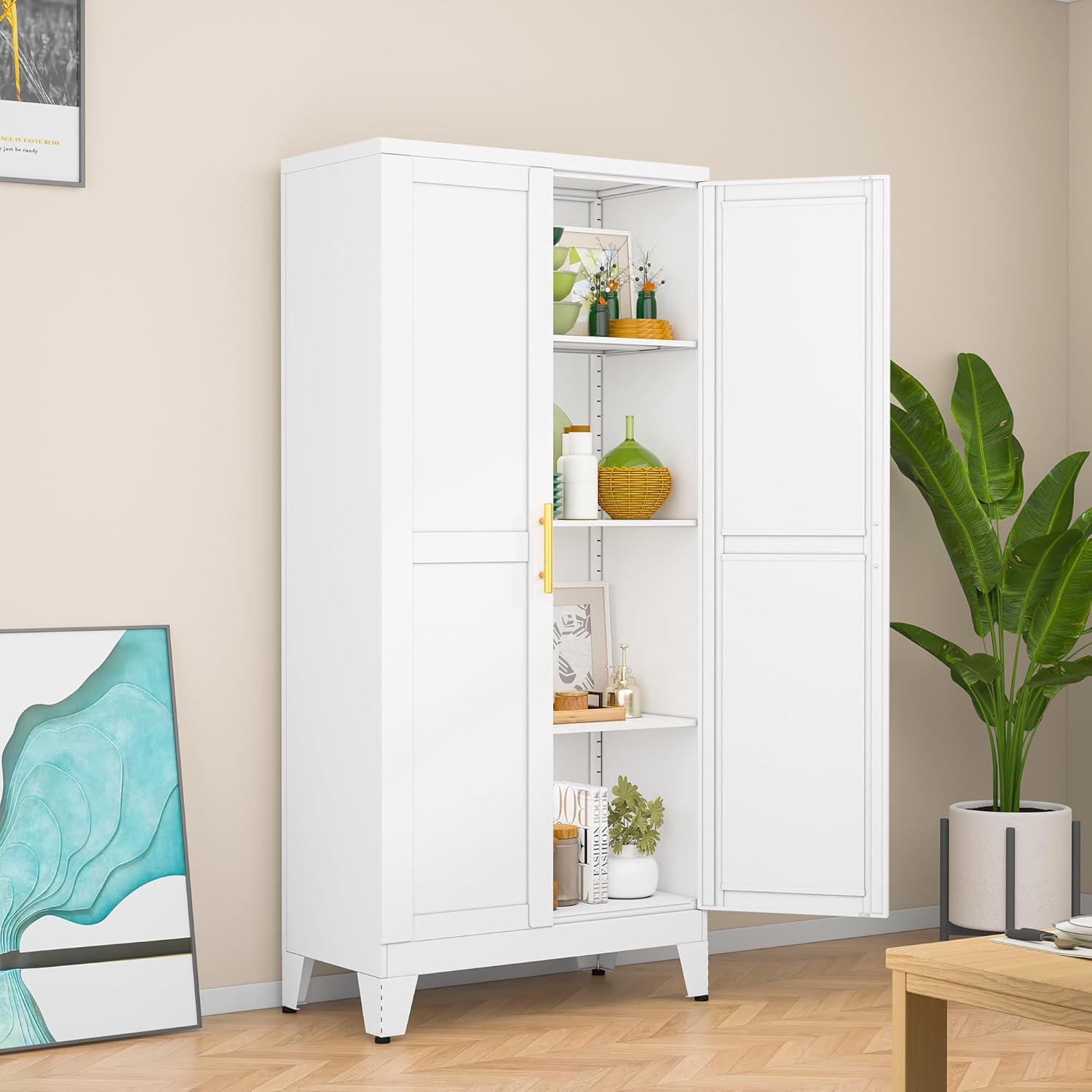 White Metal Storage Cabinet,75" Steel Cabinets for Home Office, Kitchen Pantry Storage Cabinet with Doors and 5 Adjustable Shelves, Tool Cabinets, for Office, Home, Garage, School, 36" W