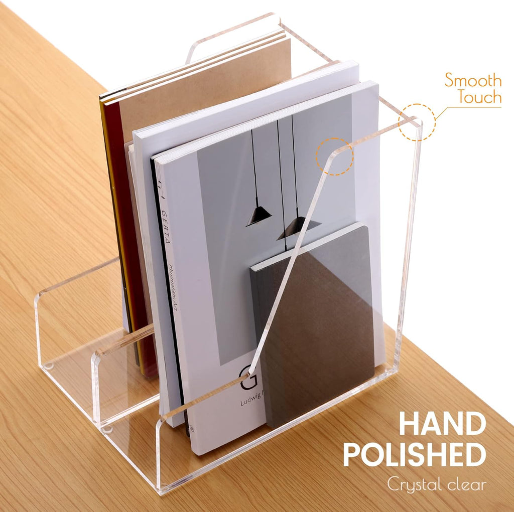 HeZone Magazine Holder, Clear Acrylic Desk Organizers, File Organizer for Desk, Magazine Rack- Desktop Book Storage -Independent Vertical 1 Space-2 Pack