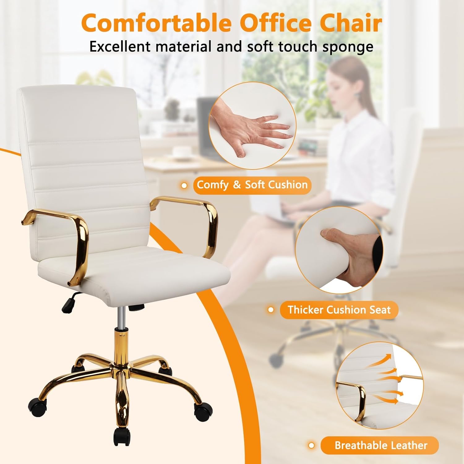 CLATINA Leather Home Office Chair with Gold Legs and Arms, Adjustable Height Swivel Mid-Back Executive Desk Chairs with Rolling Wheels, Comfy Upholstered Computer Task Chair, White