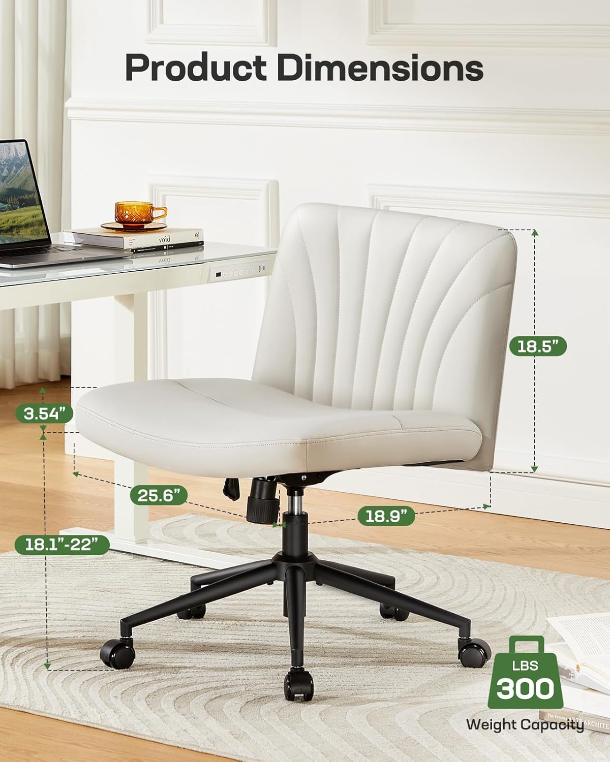 Marsail Criss Cross Chair with Wheels: PU Leather Cross Legged Office Chair Wide Armless Desk Chair Swivel Height Adjustable Vanity Chair for Make Up,Small Space,Bed Room(Beige)