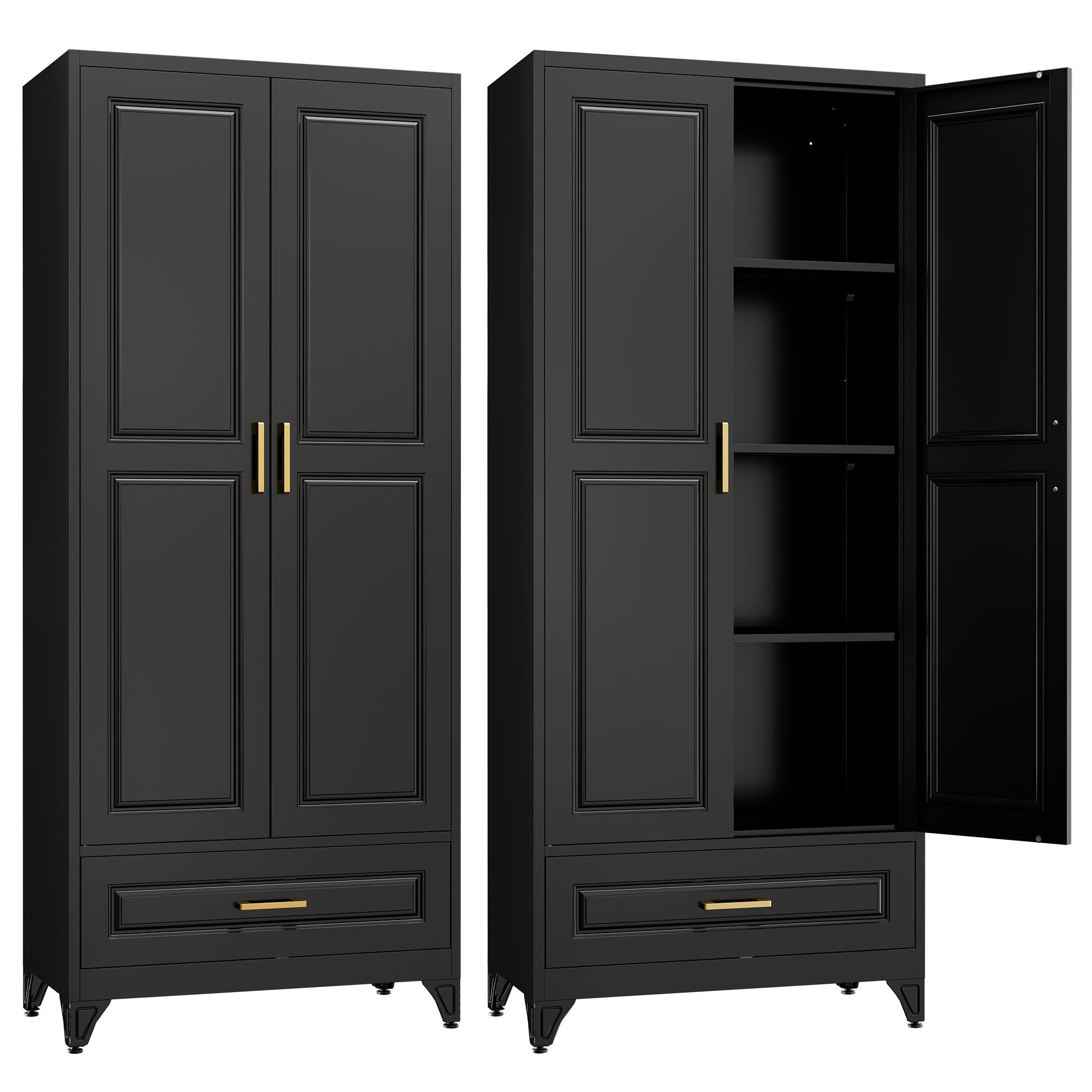 Kitchen Pantry Cabinet,71”Black Metal Pantry Storage Cabinet with Doors and 4 Adjustable Shelves,Kitchen Cabinet with 2 Gold Handles,Tall Cabinet for Livingroom,Pantry, Bathroom