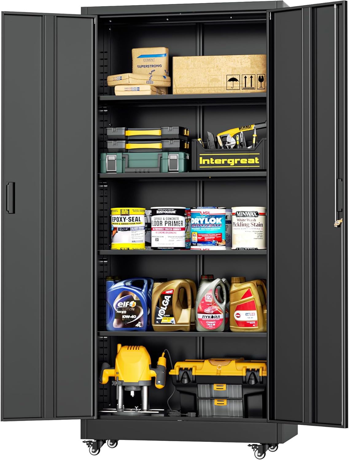 INTERGREAT Metal Storage Cabinet with Wheels, 73" H Rolling Metal Cabinets with Doors and Shelves, Black Steel Lockable Cabinet on Wheels for Garage Storage