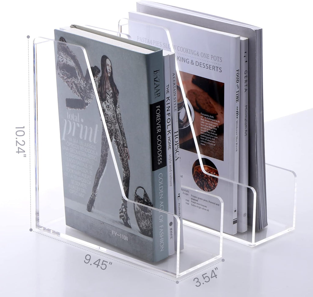 HeZone Magazine Holder, Clear Acrylic Desk Organizers, File Organizer for Desk, Magazine Rack- Desktop Book Storage -Independent Vertical 1 Space-2 Pack