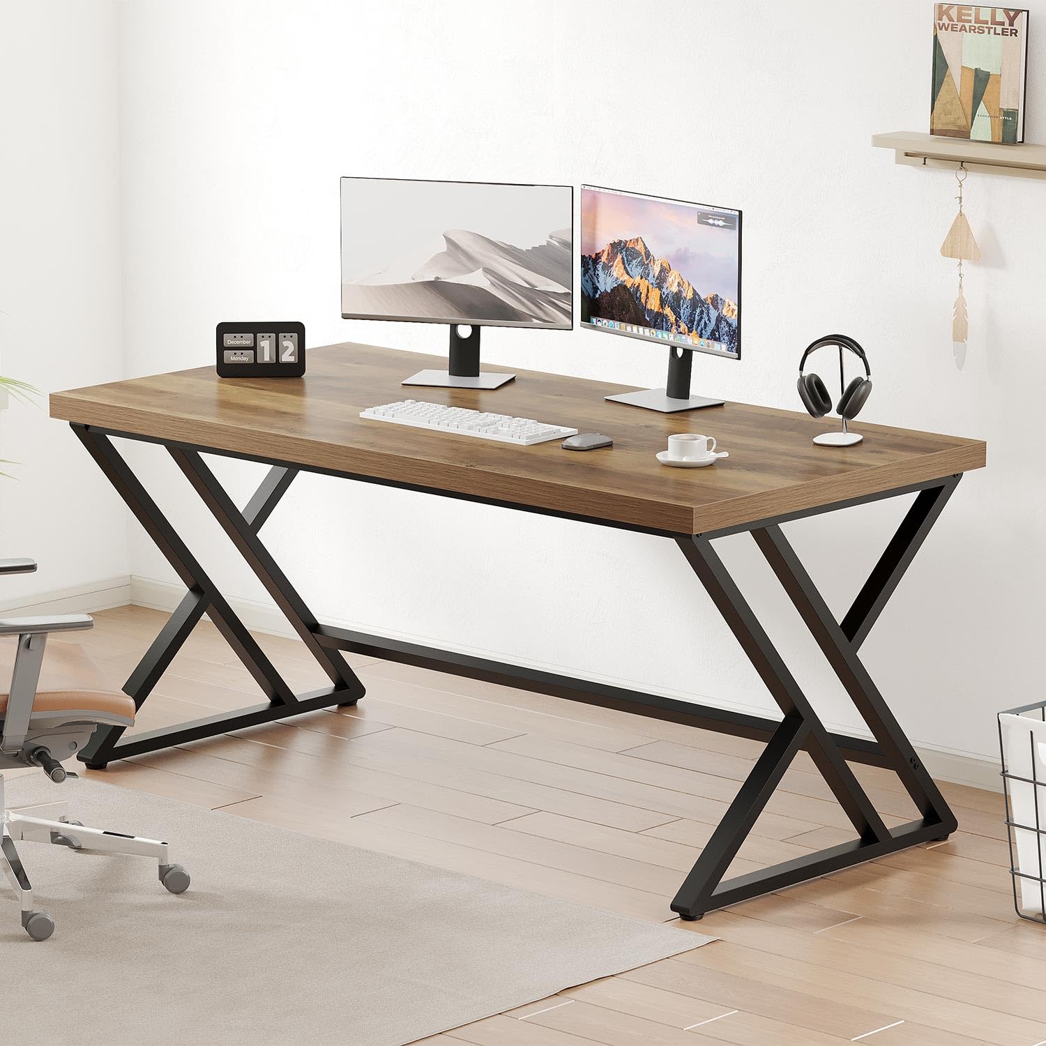 LVB Grey Desk, Industrial Wood Home Office Computer Desk for Bedroom, Farmhouse Metal Wooden Study Work PC Gaming Writing Table, Modern Simple Executive Writing Desk, 47 Inch, Light Gray