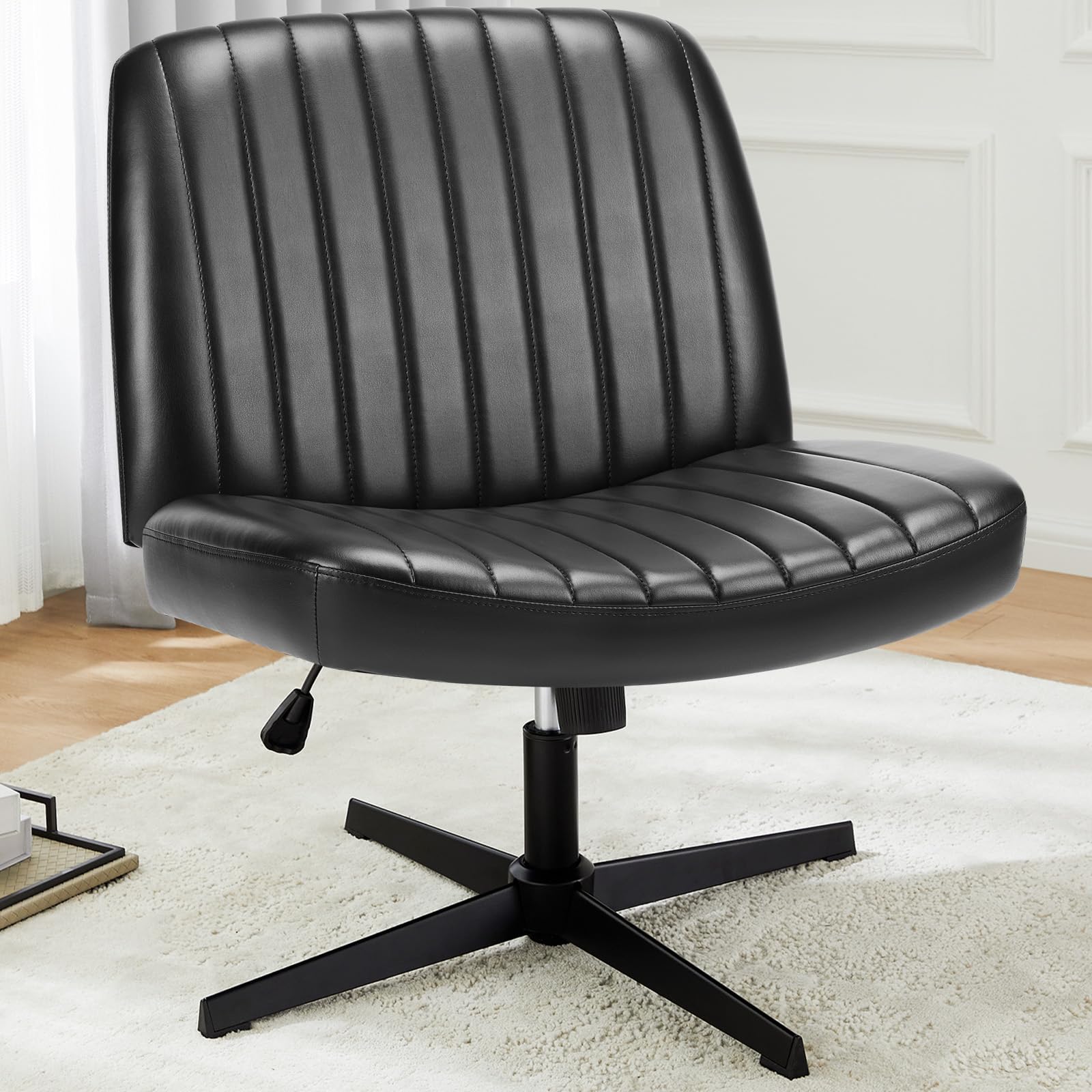 DUMOS Criss Cross Chair with Wheels, Wide Cross Legged Office Desk Vanity Chairs, Faux Leather Armless Adjustable Swivel Chairs for Home Computer Task, Beige