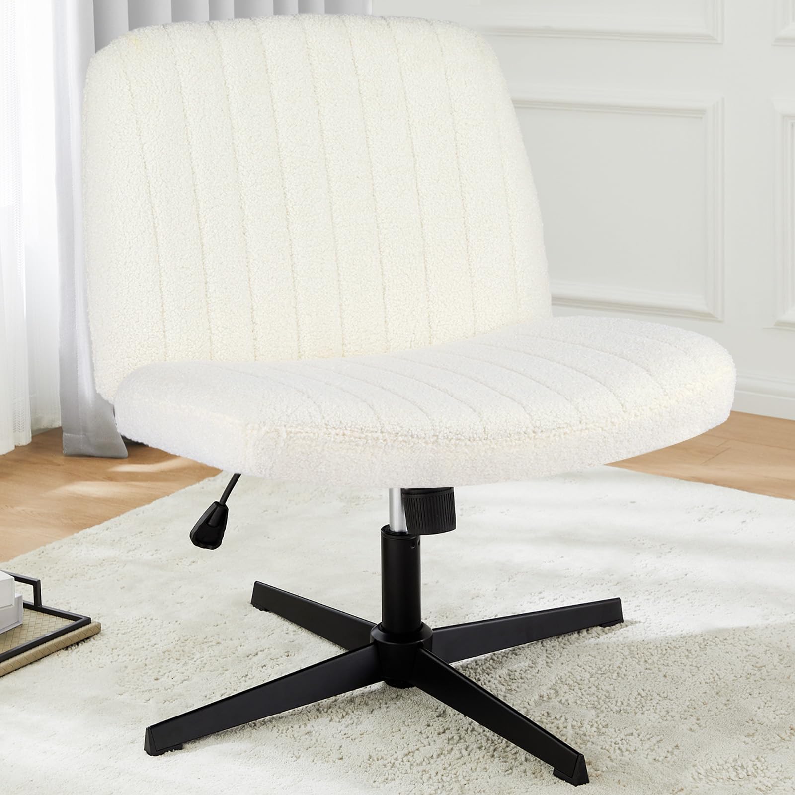 DUMOS Criss Cross Chair with Wheels, Wide Cross Legged Office Desk Vanity Chairs, Faux Leather Armless Adjustable Swivel Chairs for Home Computer Task, Beige