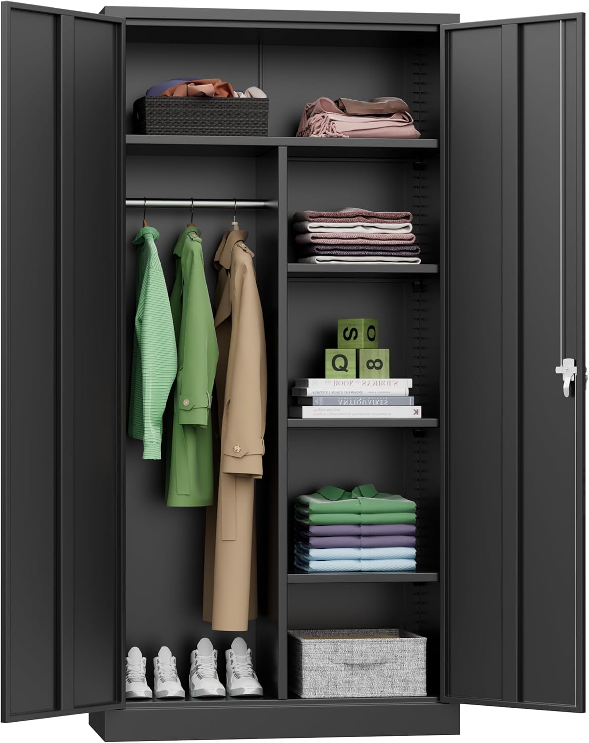 INTERGREAT Metal Storage Cabinet with Wheels, 73" H Rolling Metal Cabinets with Doors and Shelves, Black Steel Lockable Cabinet on Wheels for Garage Storage