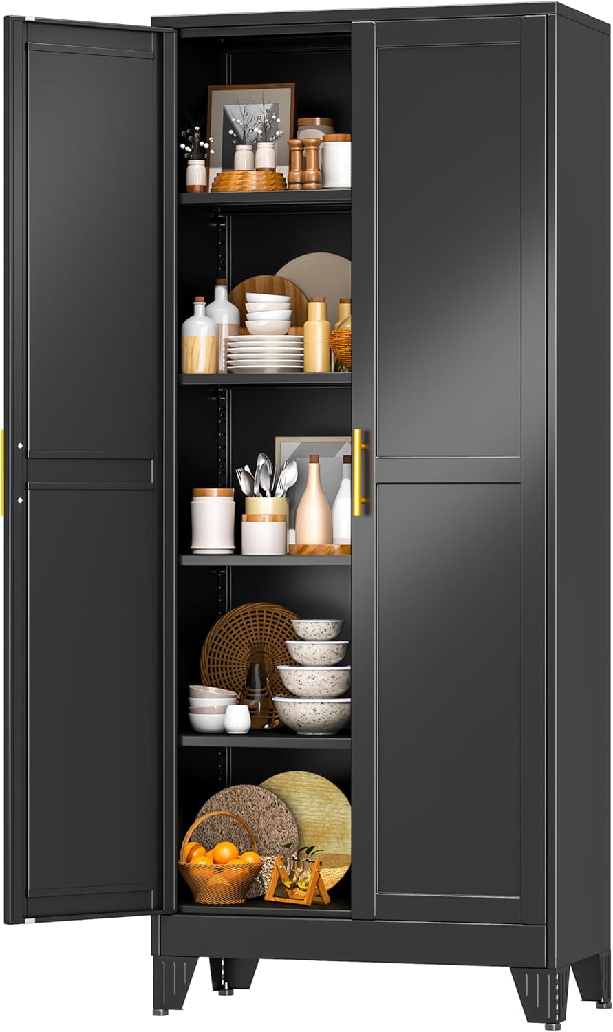 White Metal Storage Cabinet,75" Steel Cabinets for Home Office, Kitchen Pantry Storage Cabinet with Doors and 5 Adjustable Shelves, Tool Cabinets, for Office, Home, Garage, School, 36" W