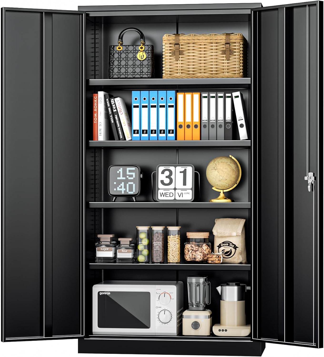 INTERGREAT Black Metal Storage Cabinet, 72" Locking Steel Cabinets with 2 Door and 4 Adjustable Shelves, Tall Metal Cabinet for Home Office, Garage, Warehouse