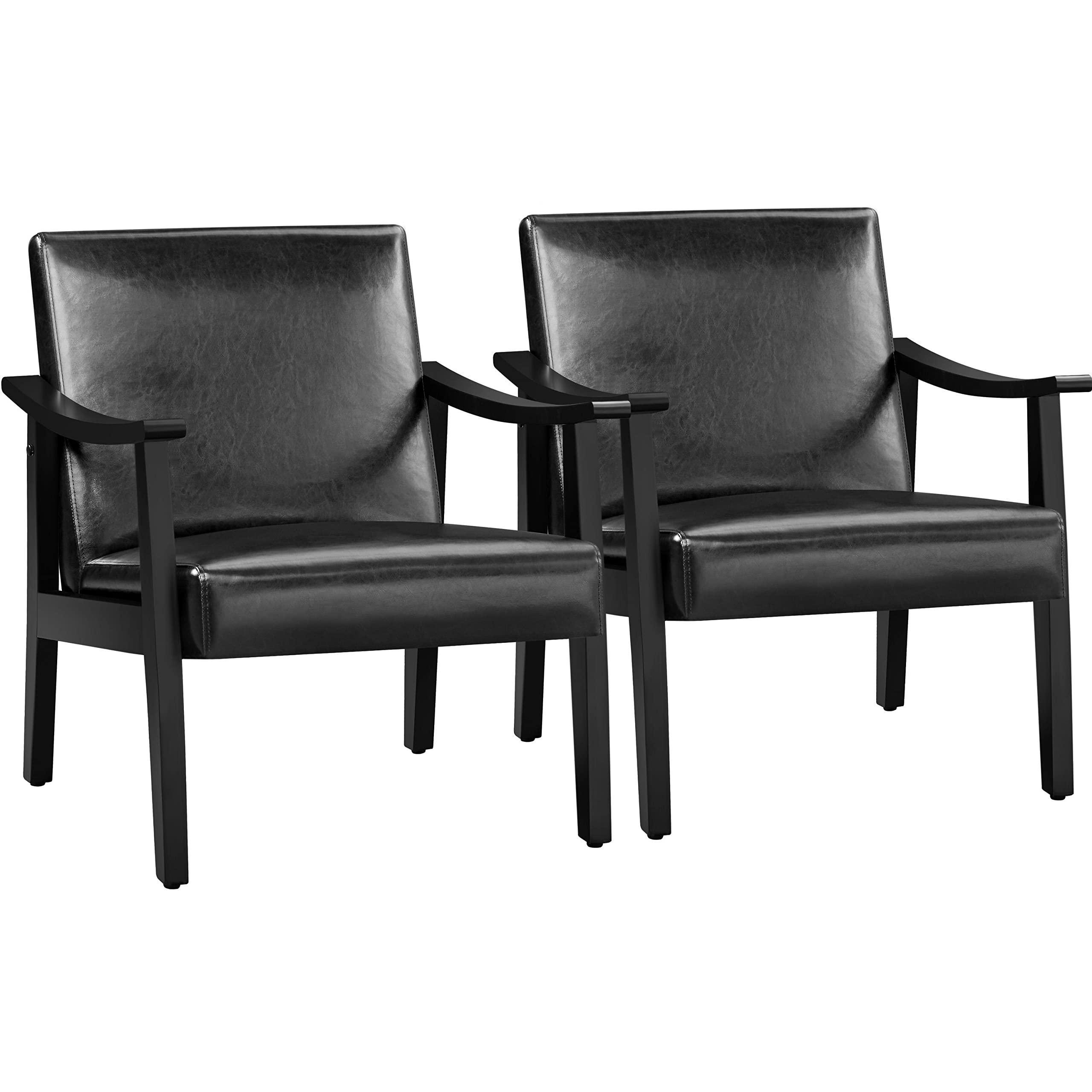 Yaheetech PU Leather Accent Chair, Mid-Century Modern Armchair with Solid Wood Legs, Reading Leisure Chair with High Back for Living Room Bedroom Waiting Room, Set of 2, Brown
