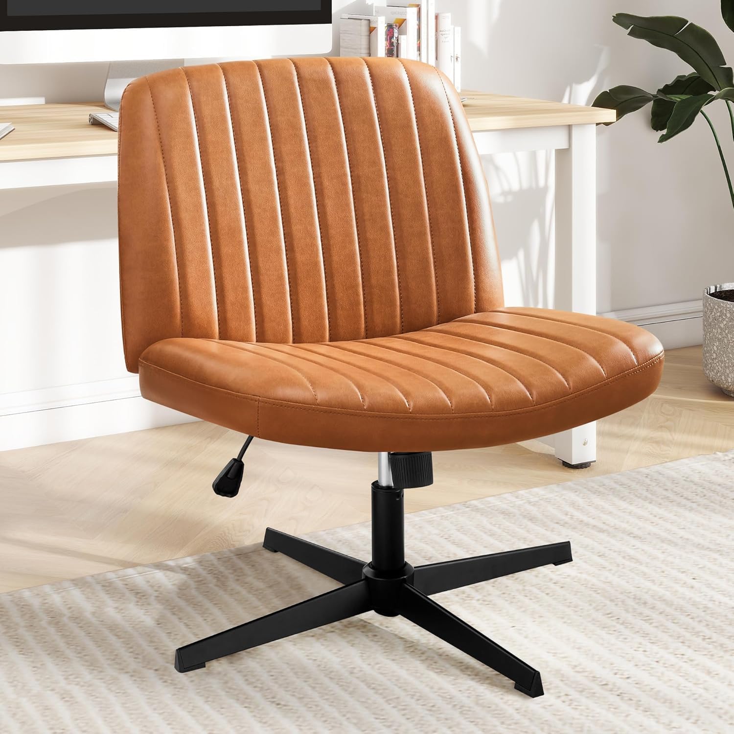 DUMOS Criss Cross Chair with Wheels, Wide Cross Legged Office Desk Vanity Chairs, Faux Leather Armless Adjustable Swivel Chairs for Home Computer Task, Beige
