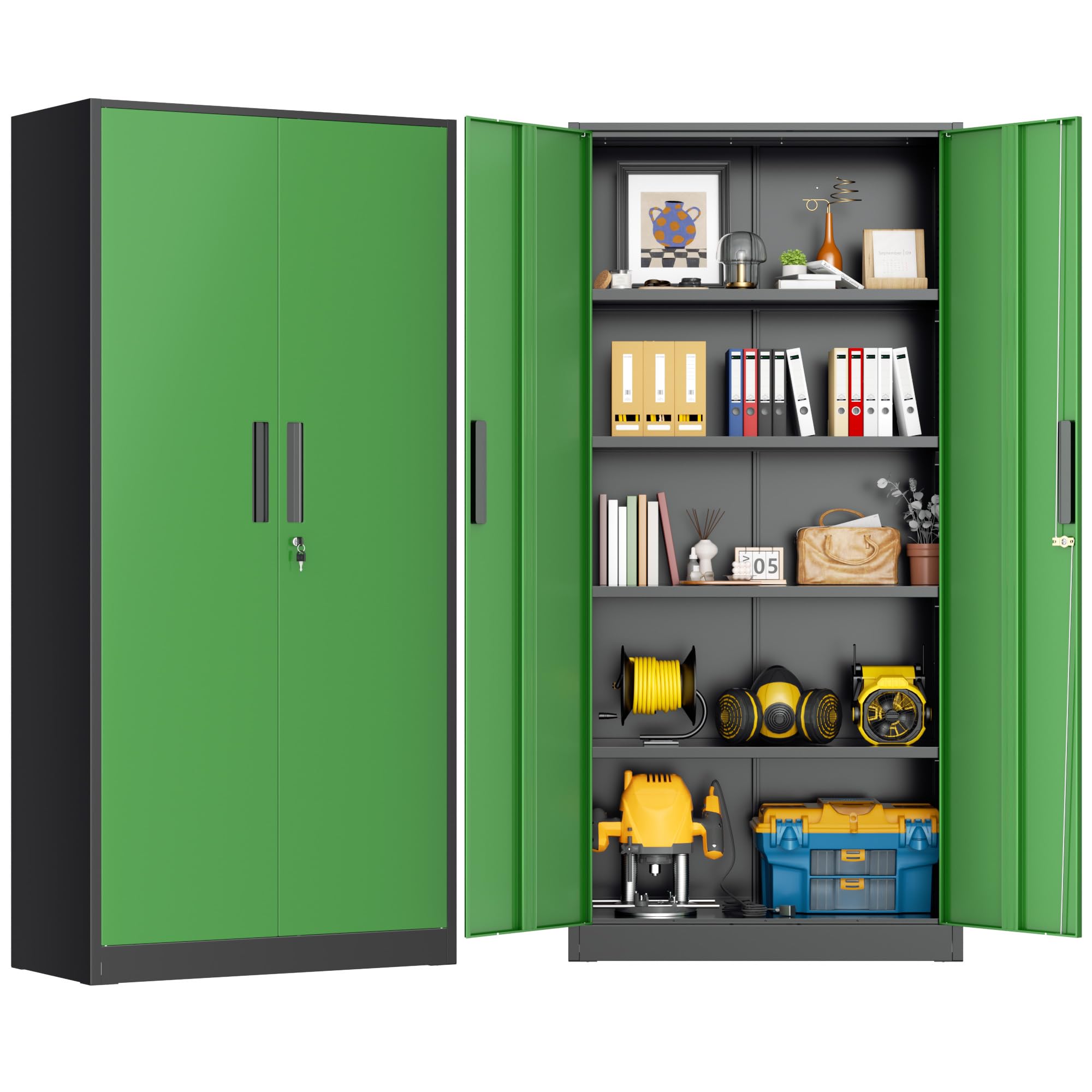 Greenvelly Metal Storage Cabinet, 72" Black Steel Garage Cabinet with Doors and Adjustable Shelves, Metal Cabinet with Lock,Garage Cabinets and Storage System for Garage,Home Office,School