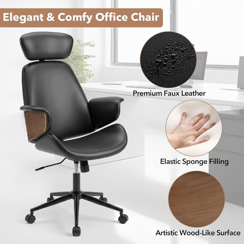 Giantex Ergonomic Office Chair, High Back Faux Leather Executive Chair with Headrest, Adjustable Height, Metal Base, Mid Century Modern Swivel U-Shaped Computer Desk Chair for Home Office & Study