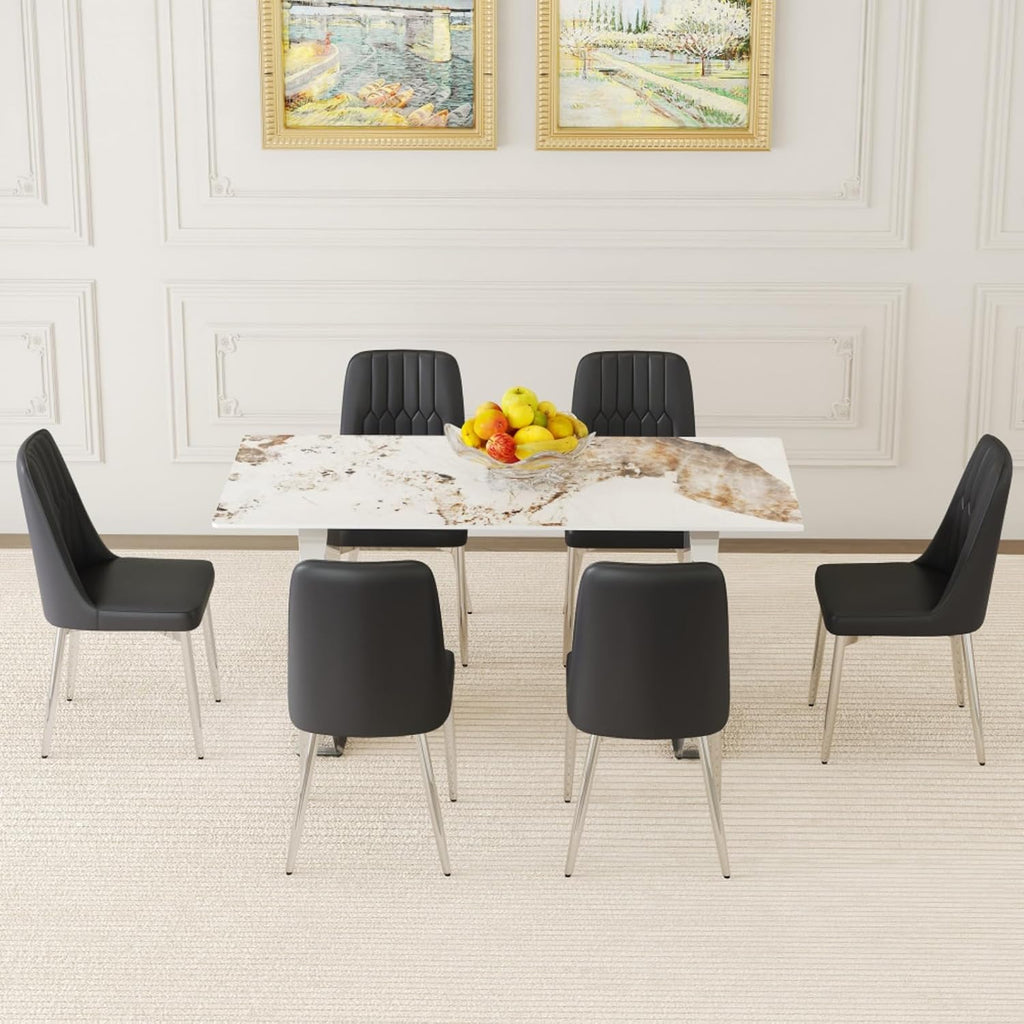 Table and chair set, 63*31.4 Inch Pandora Patterned Sintered Stone Dining Table Set Modern Light Luxury.Perfect For Dinner Room,Meeting Room,Kitchen (Black+Silver + Metal + Sintered Stone + Seats 6)