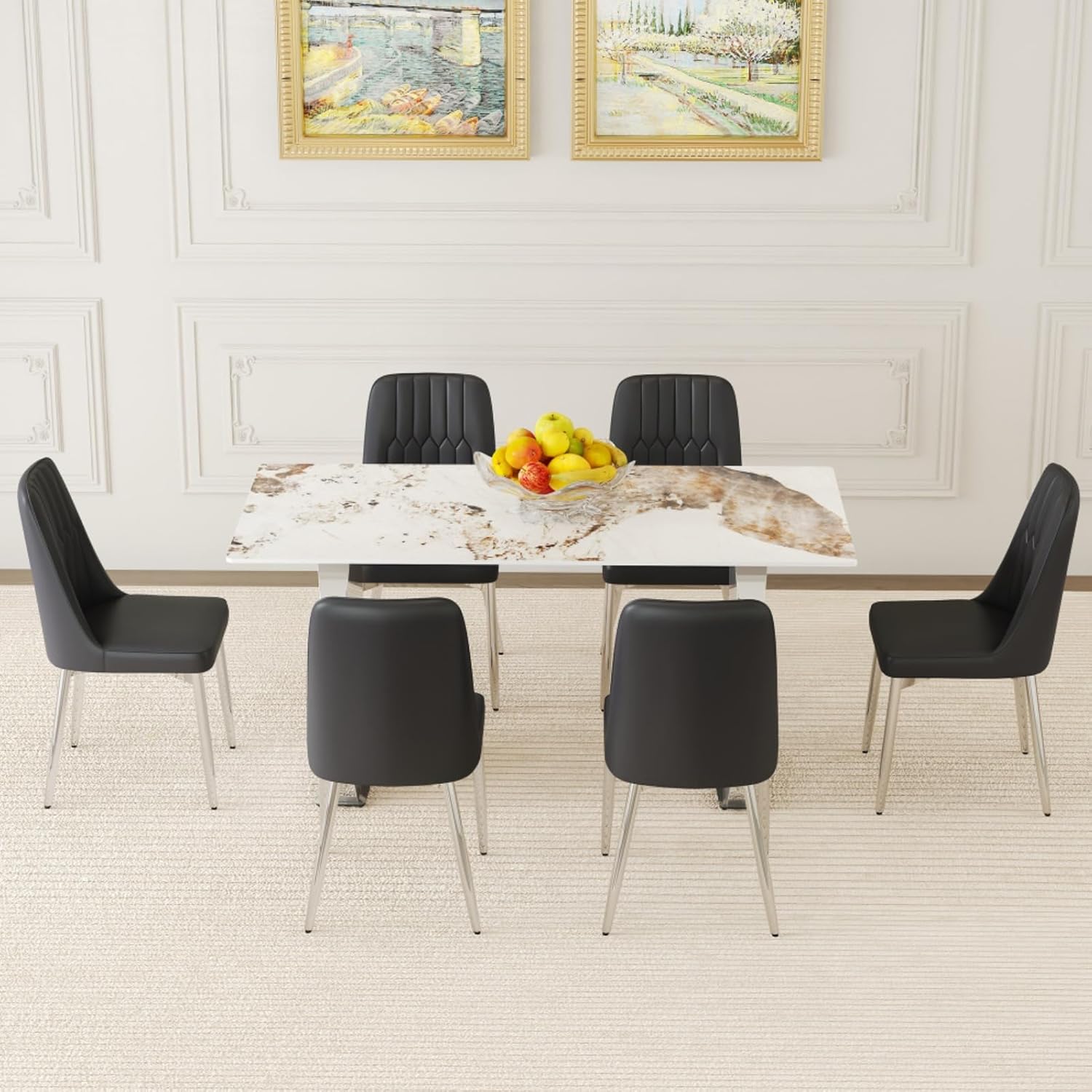 Table and chair set, 63*31.4 Inch Pandora Patterned Sintered Stone Dining Table Set Modern Light Luxury.Perfect For Dinner Room,Meeting Room,Kitchen (Black+Silver + Metal + Sintered Stone + Seats 6)