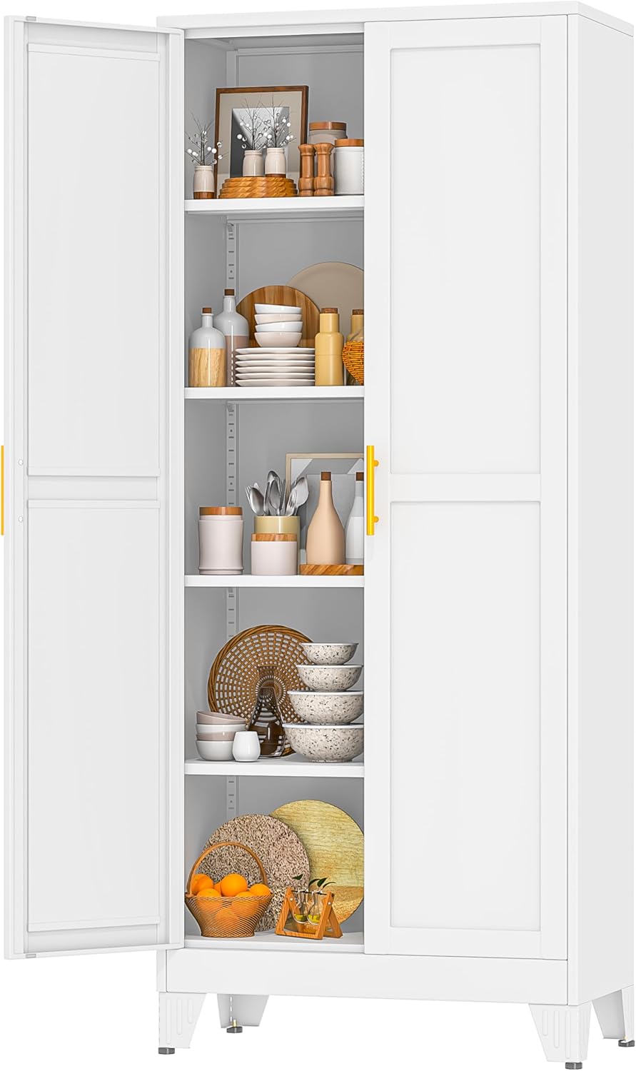 White Metal Storage Cabinet,75" Steel Cabinets for Home Office, Kitchen Pantry Storage Cabinet with Doors and 5 Adjustable Shelves, Tool Cabinets, for Office, Home, Garage, School, 36" W
