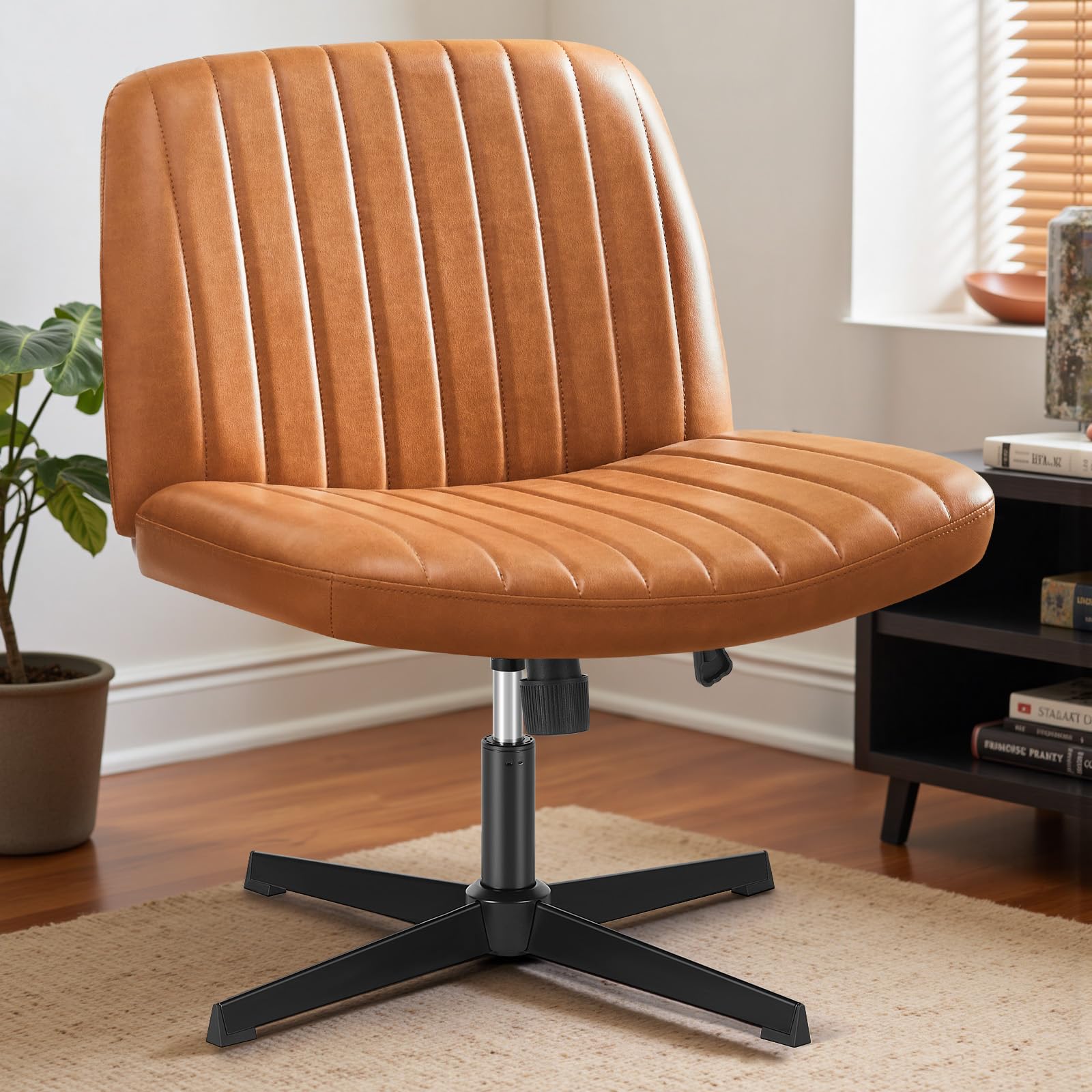 DUMOS Criss Cross Chair with Wheels, Wide Cross Legged Office Desk Vanity Chairs, Faux Leather Armless Adjustable Swivel Chairs for Home Computer Task, Beige