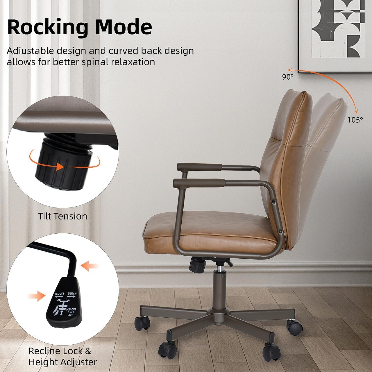 DUHOME Faux Leather Home Office Chair, 360° Swivel Desk Task Chair with Tilt Lock, Metal Base, Upholstered Wide Seat Computer Task Chair for Home Office and Study