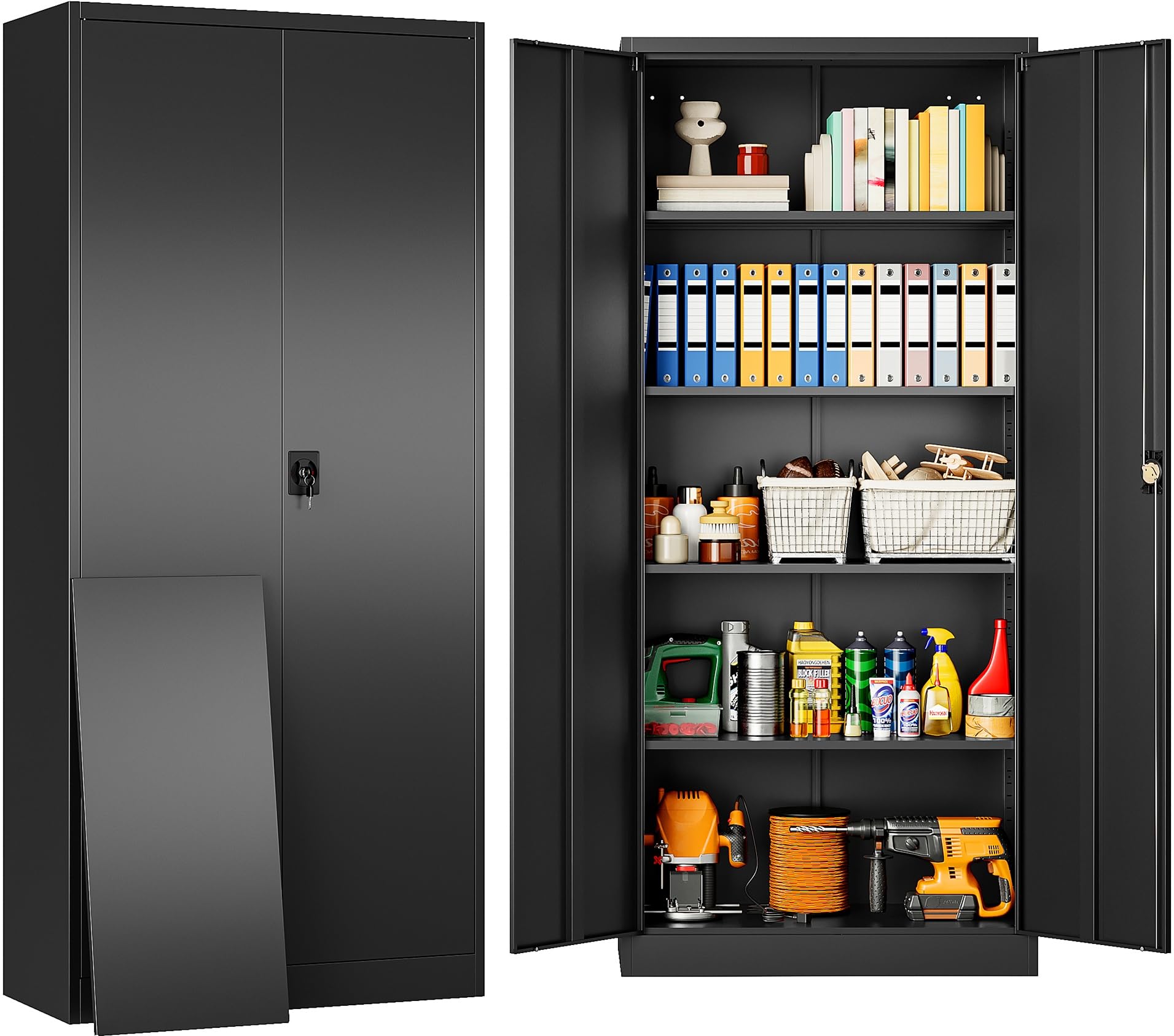SISESOL Metal Storage Cabinet with Wheels,75 inch Tall Rolling Garage Storage Cabinet with Lock,Black Metal Cabinets with Wheels and Shelves,Deep Heavy Duty Tool Locker for Garage,Home,Office,Shop