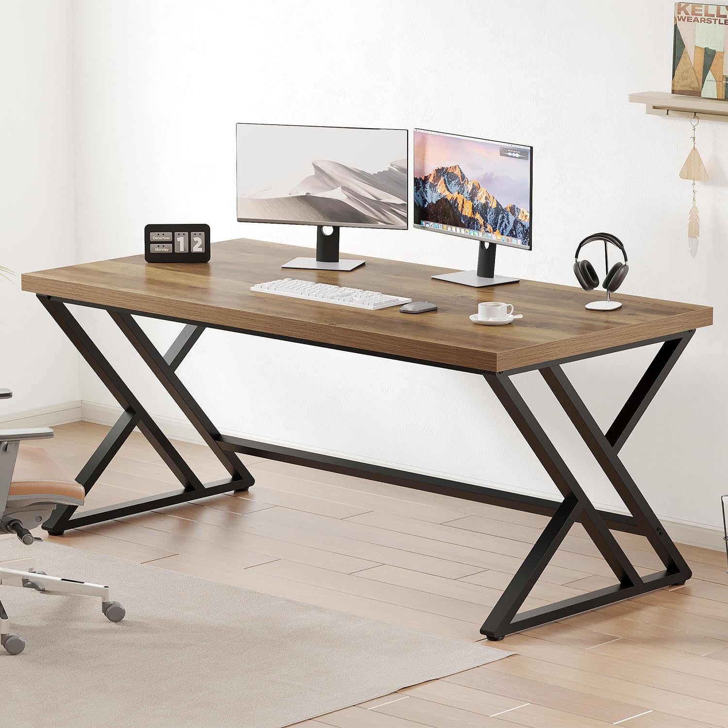 LVB Grey Desk, Industrial Wood Home Office Computer Desk for Bedroom, Farmhouse Metal Wooden Study Work PC Gaming Writing Table, Modern Simple Executive Writing Desk, 47 Inch, Light Gray