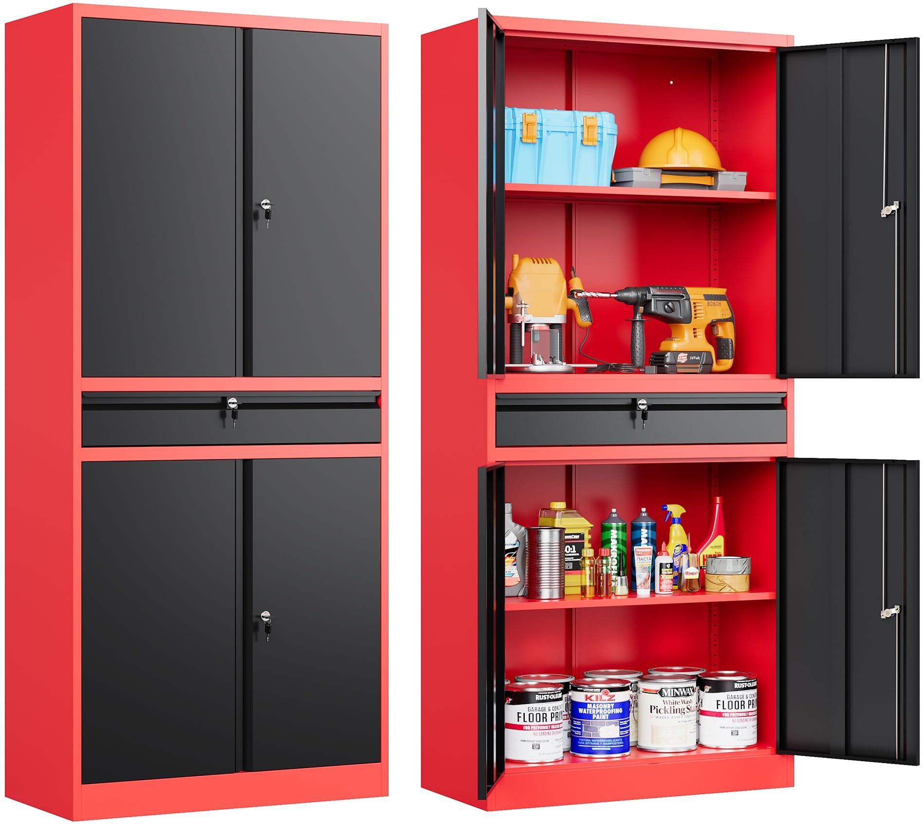 SISESOL Metal Storage Cabinet with Wheels,75 inch Tall Rolling Garage Storage Cabinet with Lock,Black Metal Cabinets with Wheels and Shelves,Deep Heavy Duty Tool Locker for Garage,Home,Office,Shop