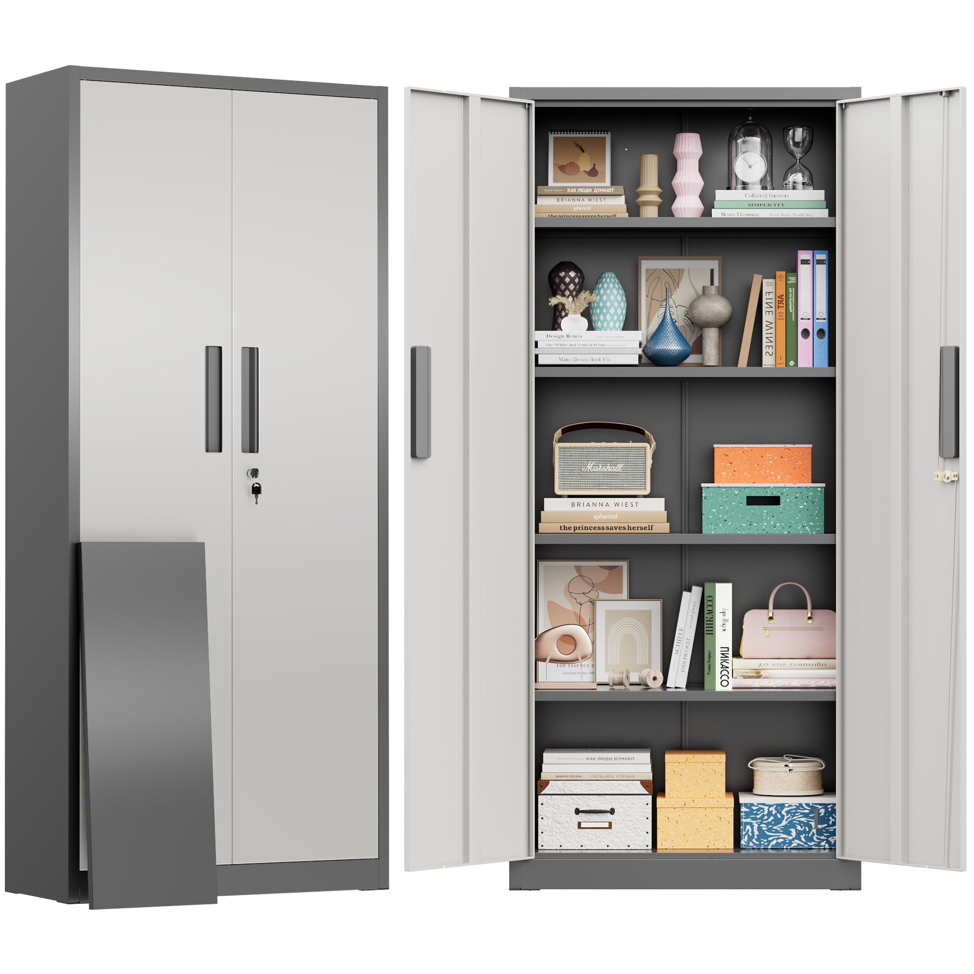Greenvelly 72" H Metal Storage Cabinet, 36" W x 18" D Black Locking Metal Cabinet Garage Storage Cabinet with Doors and 4 Adjustable Shelves, Lockable Steel Cabinets for Home Office, Garage, School