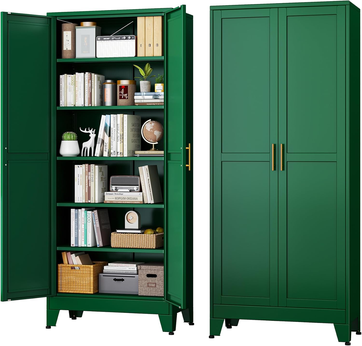 White Metal Storage Cabinet,75" Steel Cabinets for Home Office, Kitchen Pantry Storage Cabinet with Doors and 5 Adjustable Shelves, Tool Cabinets, for Office, Home, Garage, School, 36" W