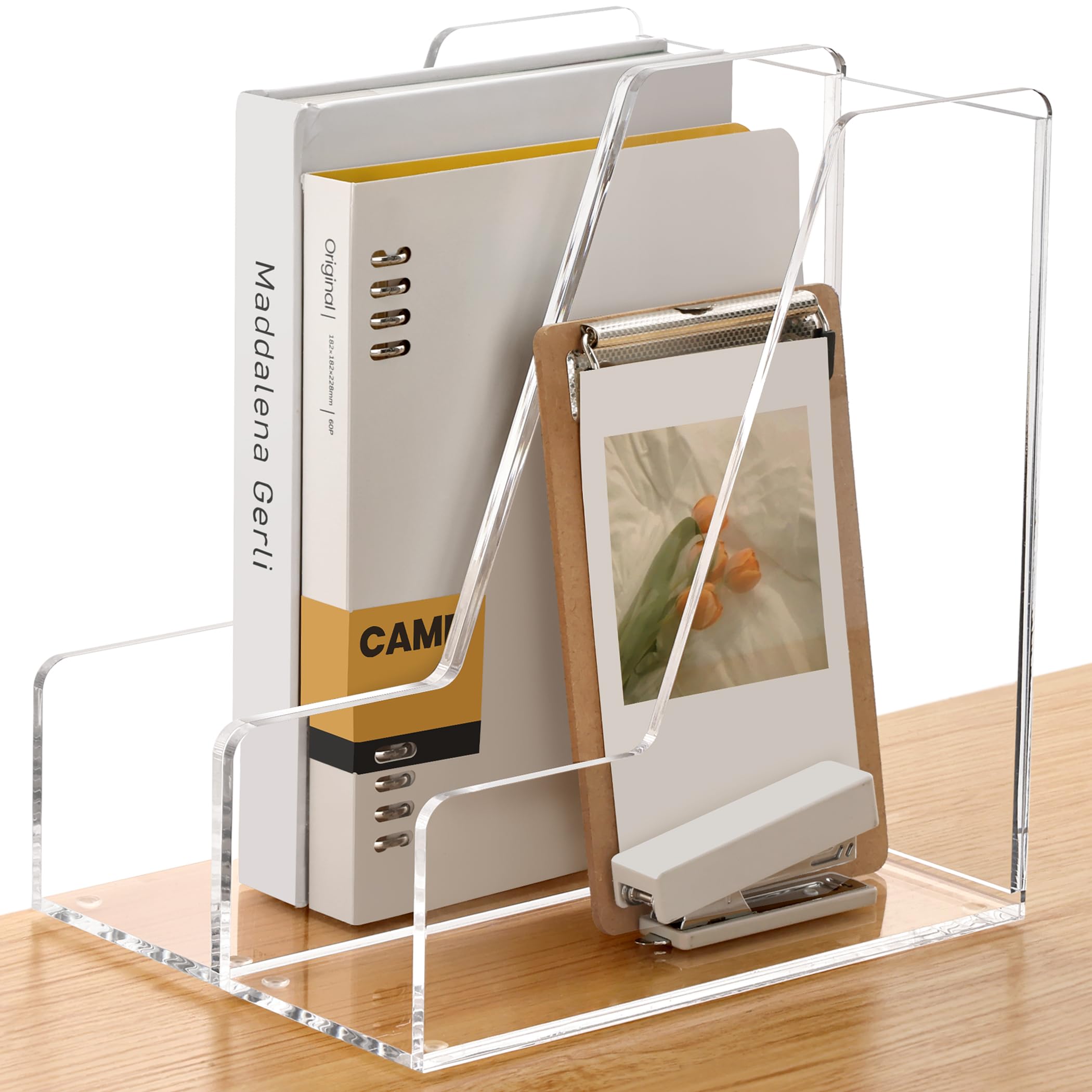 SANRUI Acrylic Magazine Holder Desk Organizer Workspace Sorters，Clear Bookend File Sorter Holder，Folder Rack, Office Accessories Organization Storage with 3 Vertical Compartments