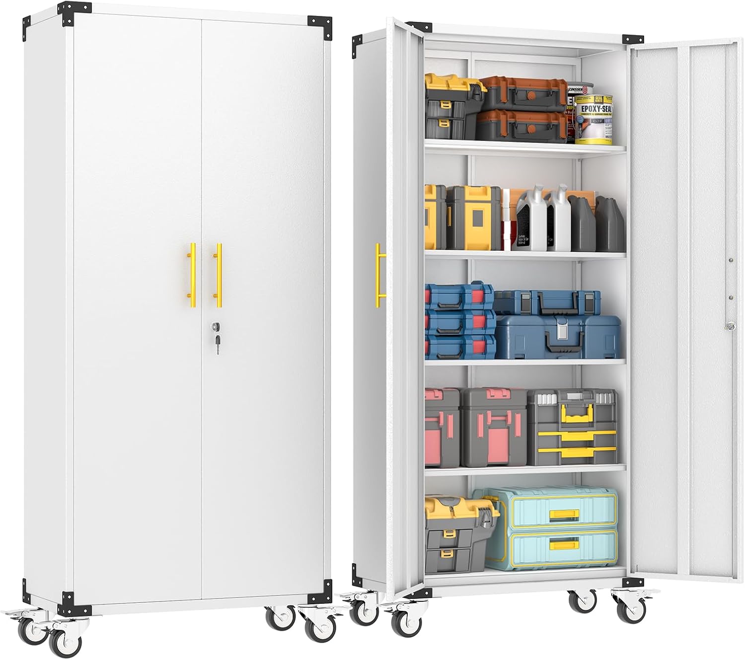 Metal Garage Storage Cabinet with Wheels, Tall Locking Cabinet with Doors and Shelves, Tool Storage Cabinets for Garage, Home Office (Black,35.6" H)